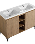 48 inch vanity for bathroom with double integrated sinks and center open storage, freestanding design in natural wood finish | Ace Decor