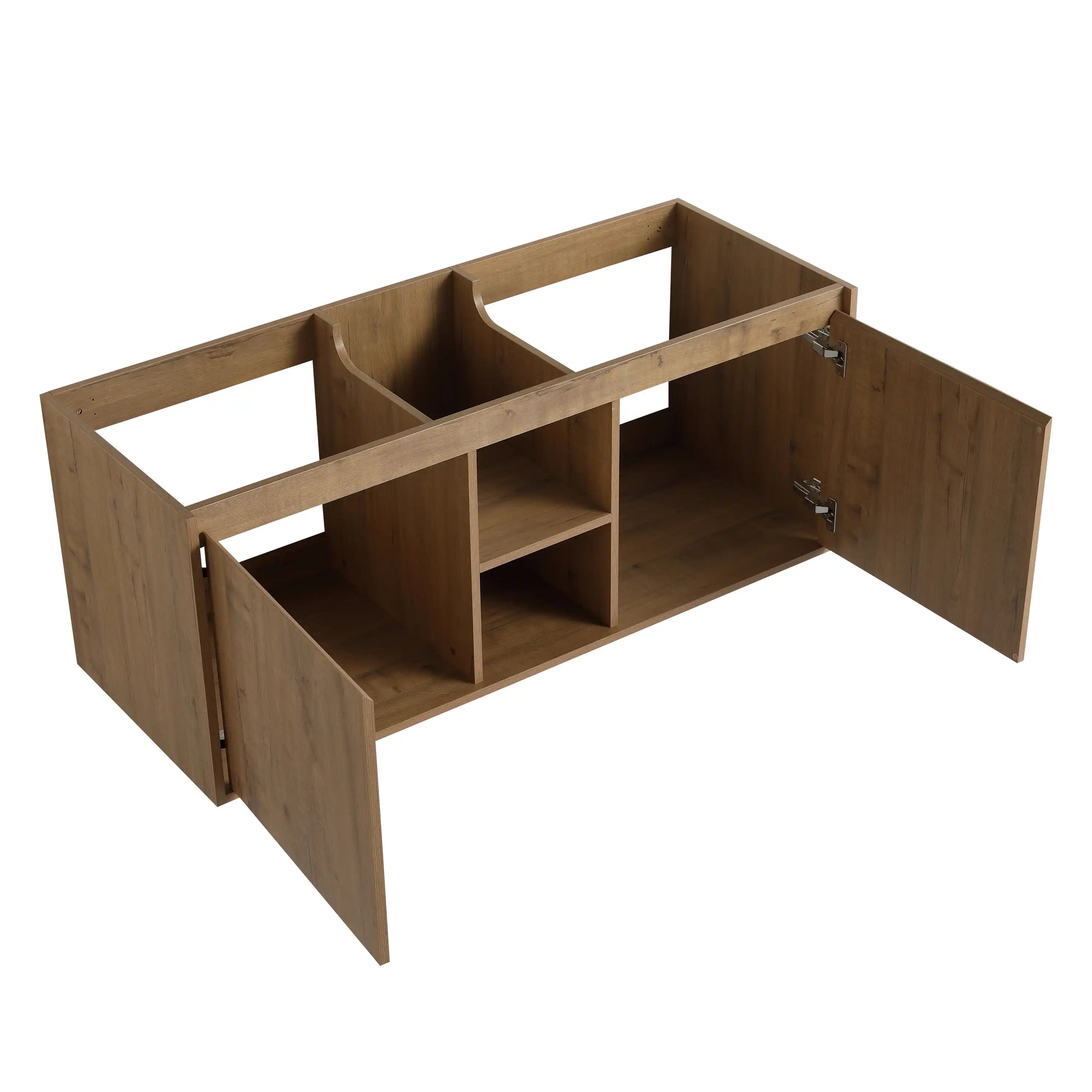 Wall mounted bathroom vanity with sink 48 inch cabinet structure view highlighting center open storage and side cabinets | Ace Decor