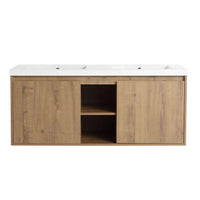 48 inch wall mounted bathroom vanity with sink featuring center open shelf and dual integrated sinks, front view | Ace Decor