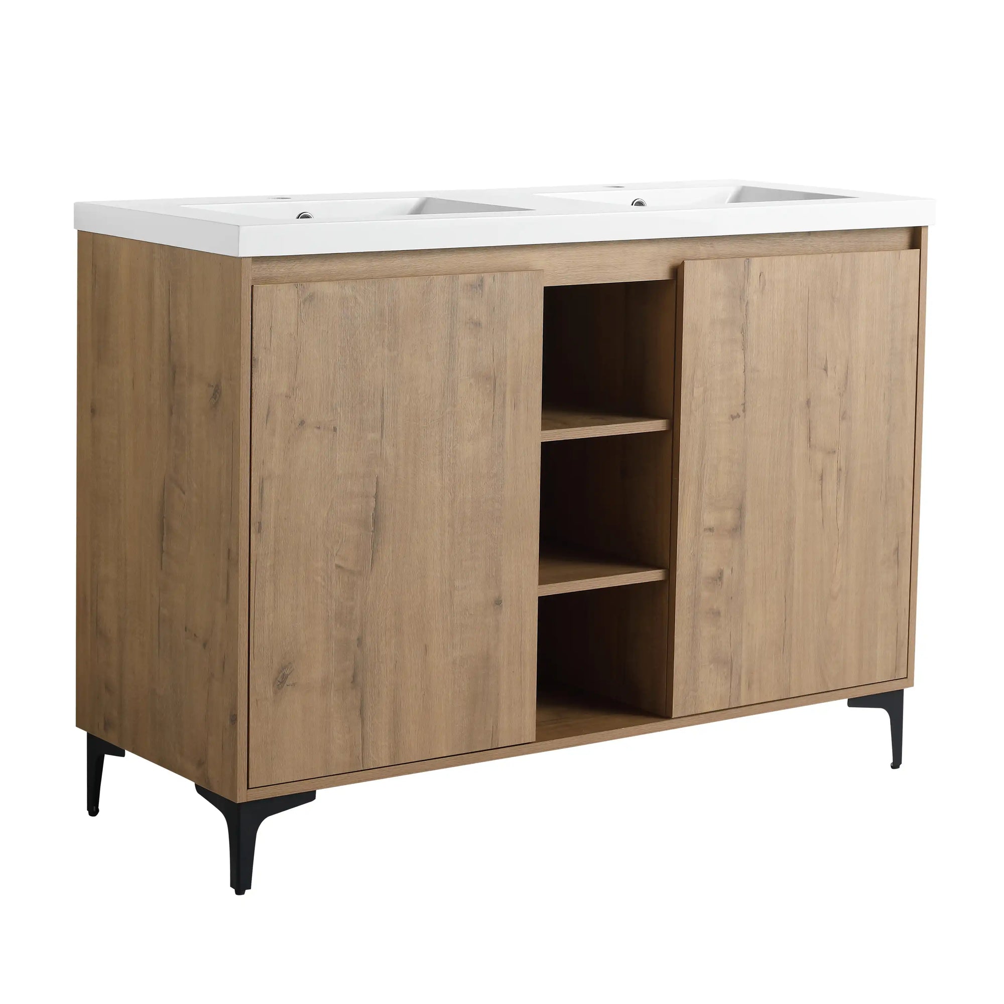 Front view of a 48 inch vanity for bathroom with double integrated sinks and center open storage shelves | Ace Decor