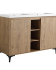 Front view of a 48 inch vanity for bathroom with double integrated sinks and center open storage shelves | Ace Decor