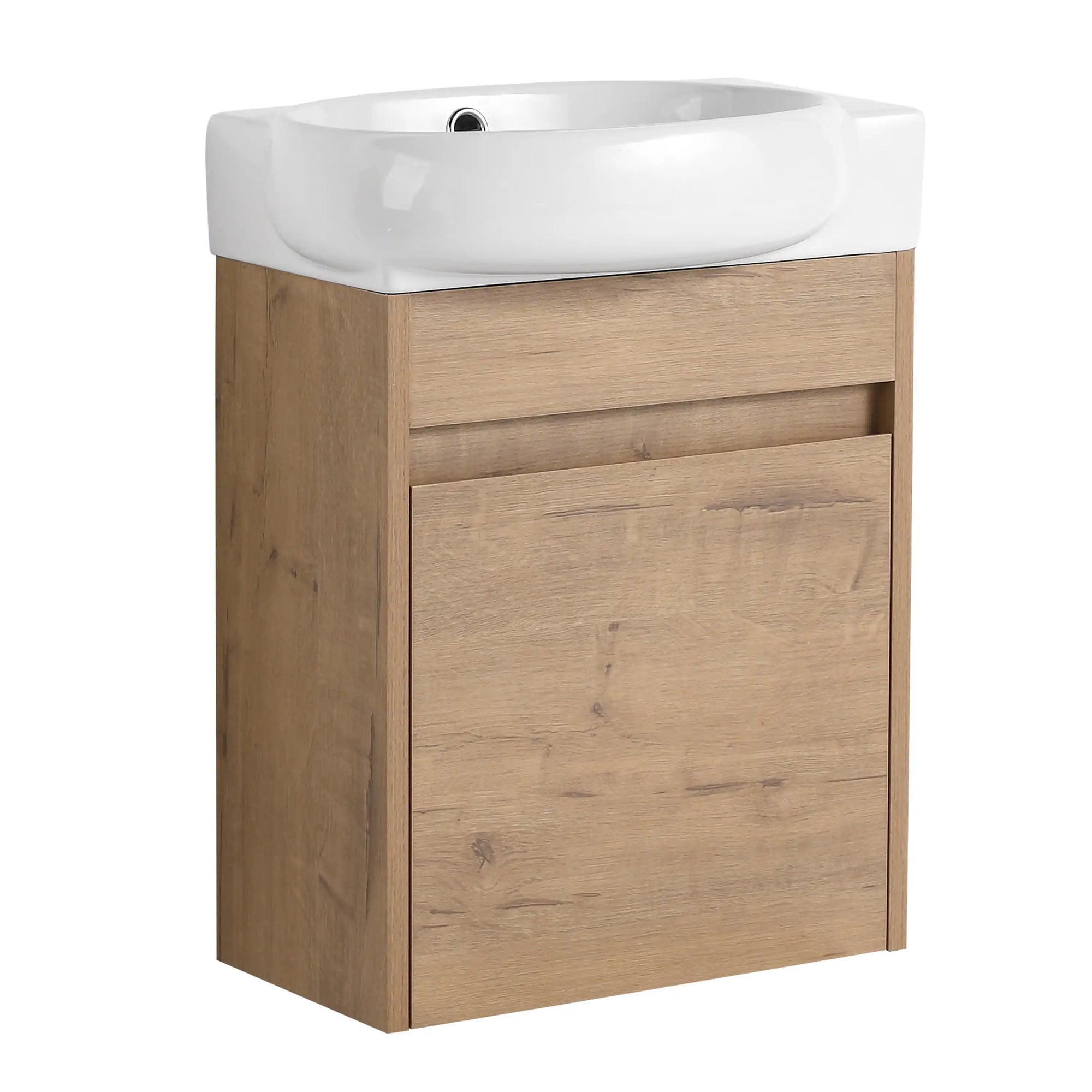 16" single floating bathroom vanity in natural wood finish with compact wall-mounted design