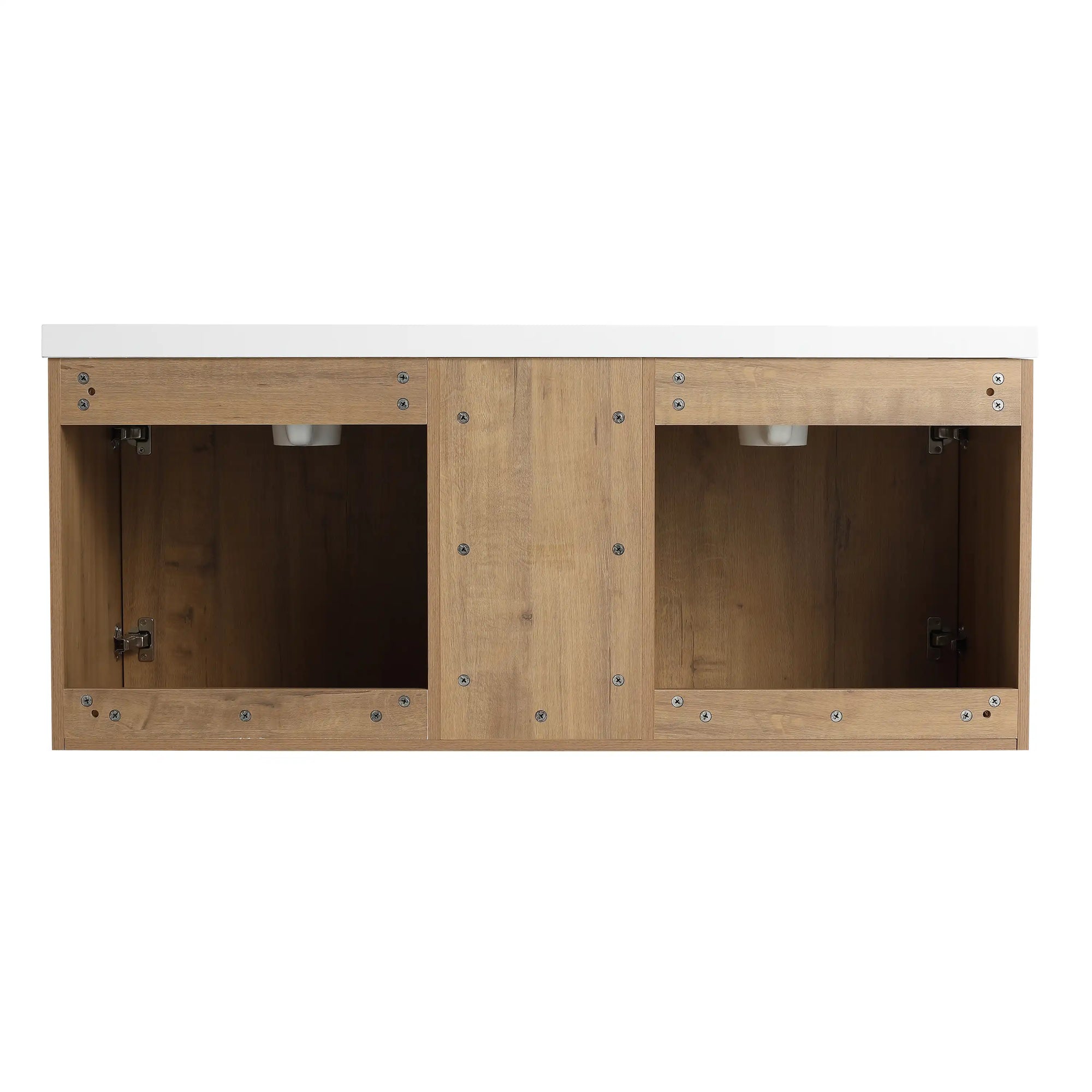 48 inch wall mounted bathroom vanity with sink interior view showing dual cabinet compartments and plumbing space | Ace Decor