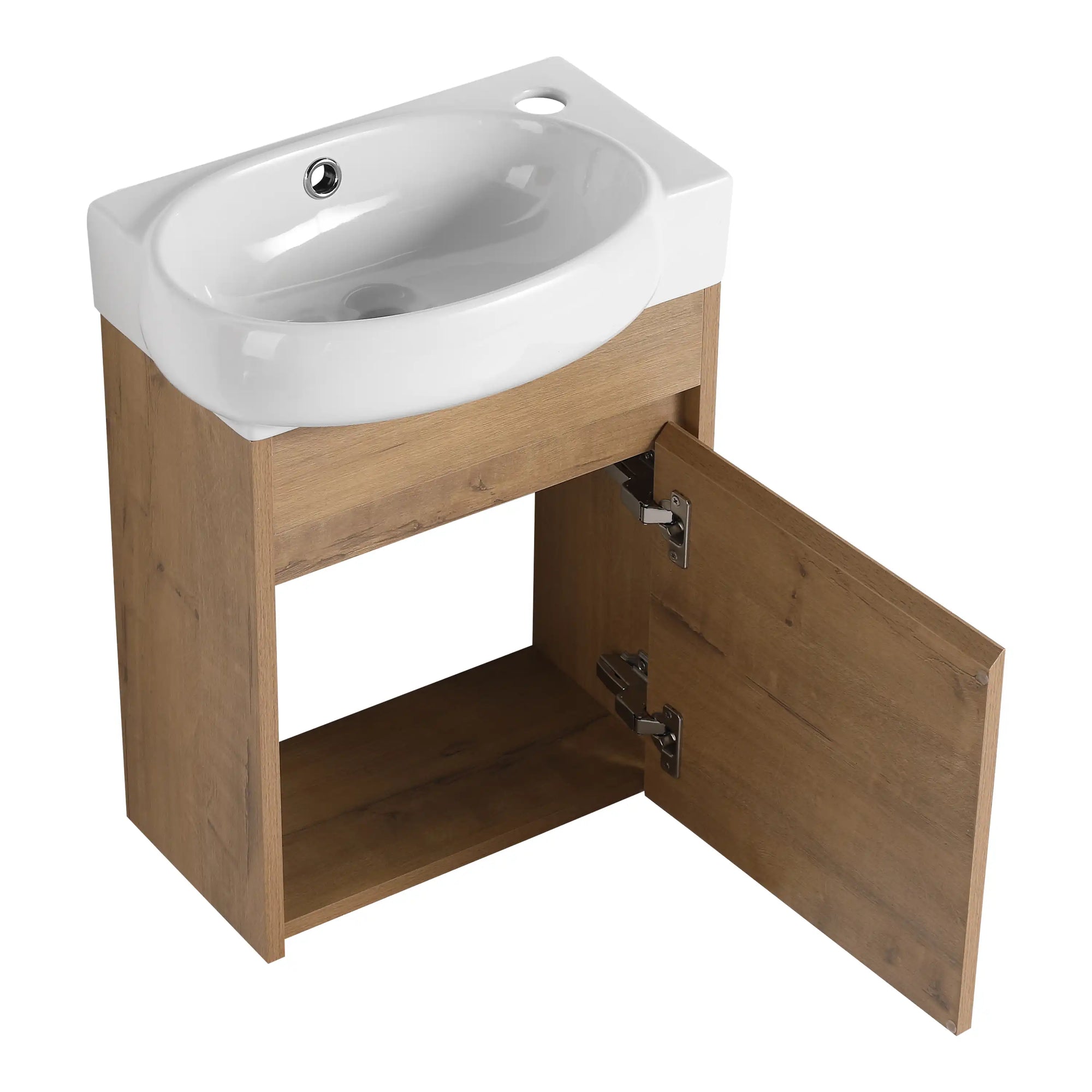 16" single floating bathroom vanity with open cabinet door and under-sink storage