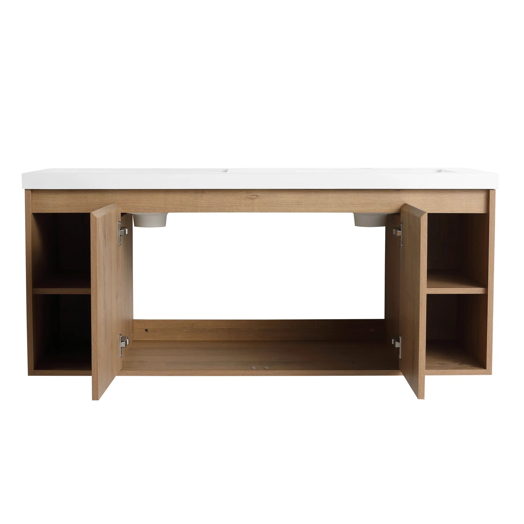48 inch bathroom vanity wall mounted with double doors open, showing interior cabinet space and side open shelves | Ace Decor