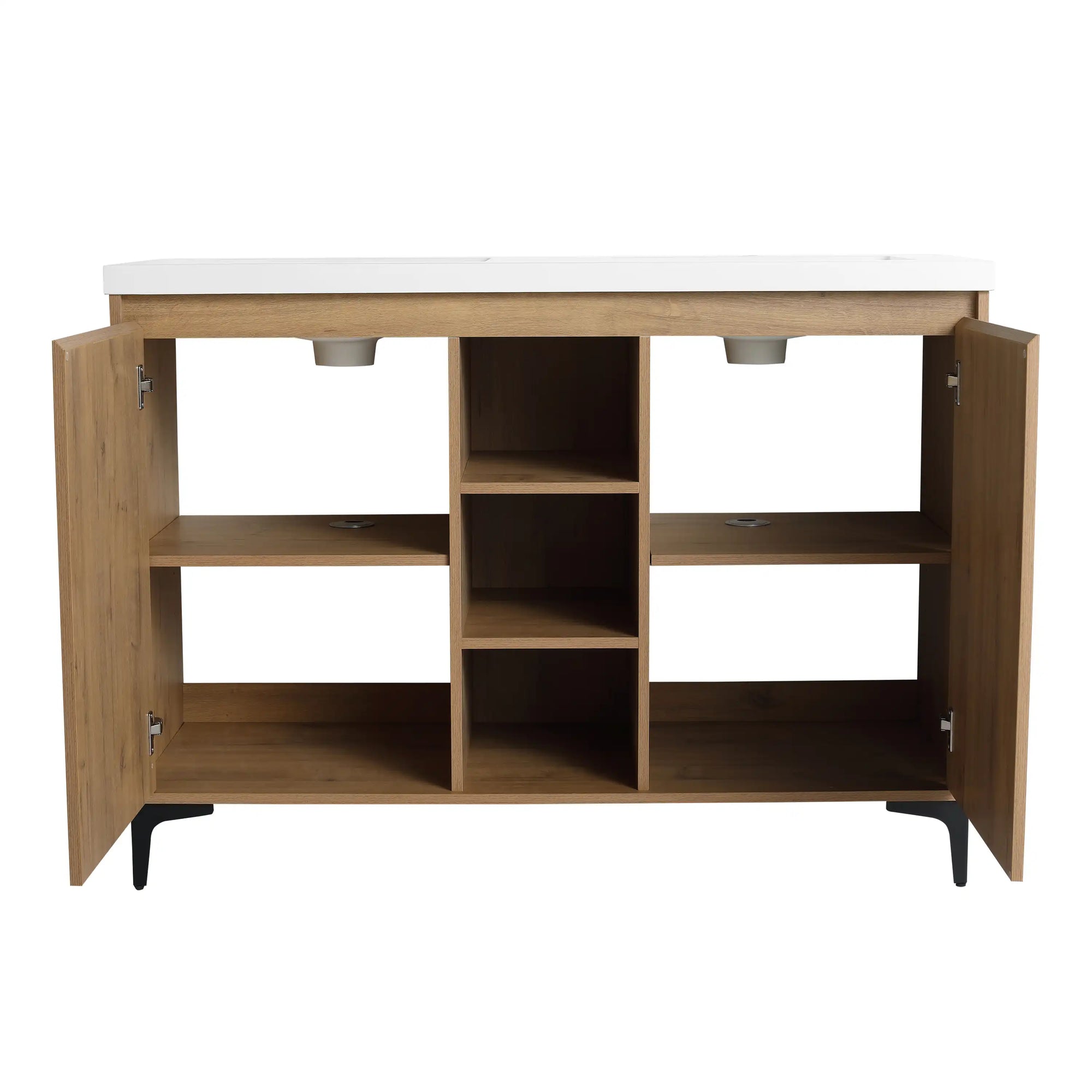 Front view of a 48 inch vanity for bathroom with cabinet doors open, showing organized interior storage and center shelves | Ace Decor