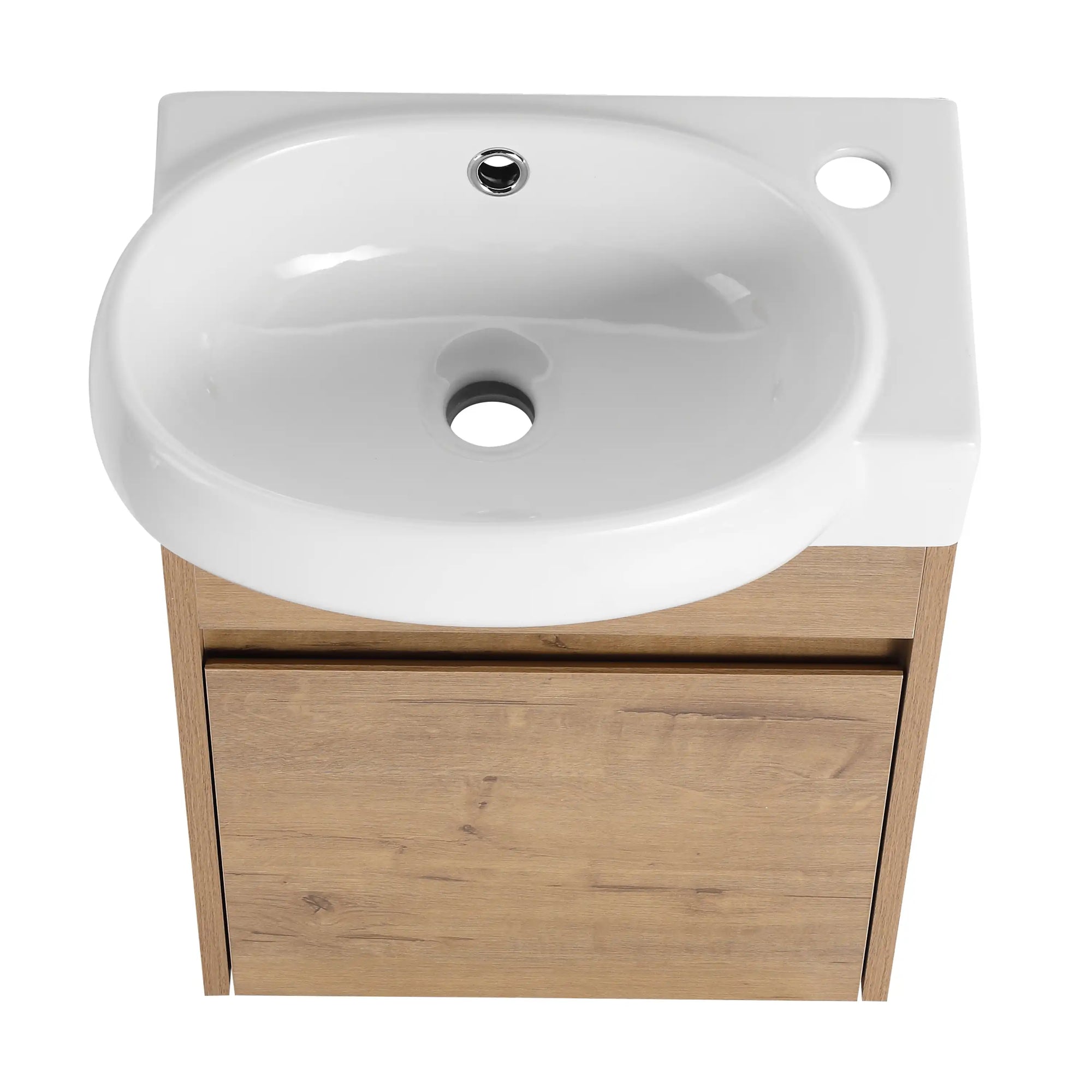 16" single floating bathroom vanity with glossy white ceramic sink and wood finish