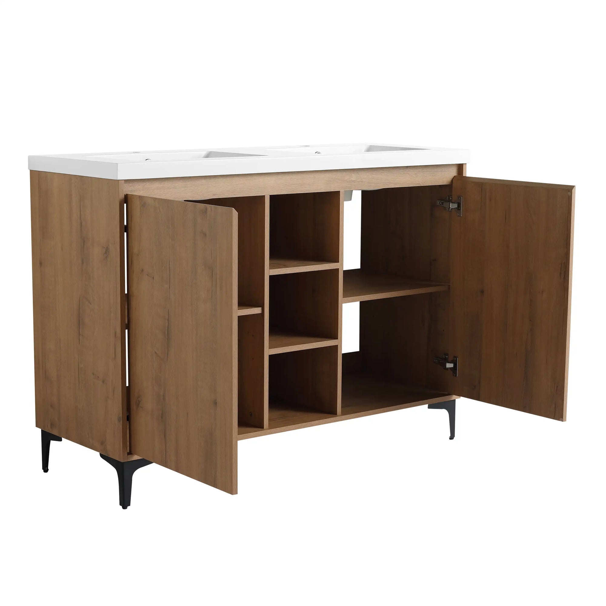 Angled view of a 48 inch vanity for bathroom highlighting center open storage shelves and spacious side cabinets | Ace Decor