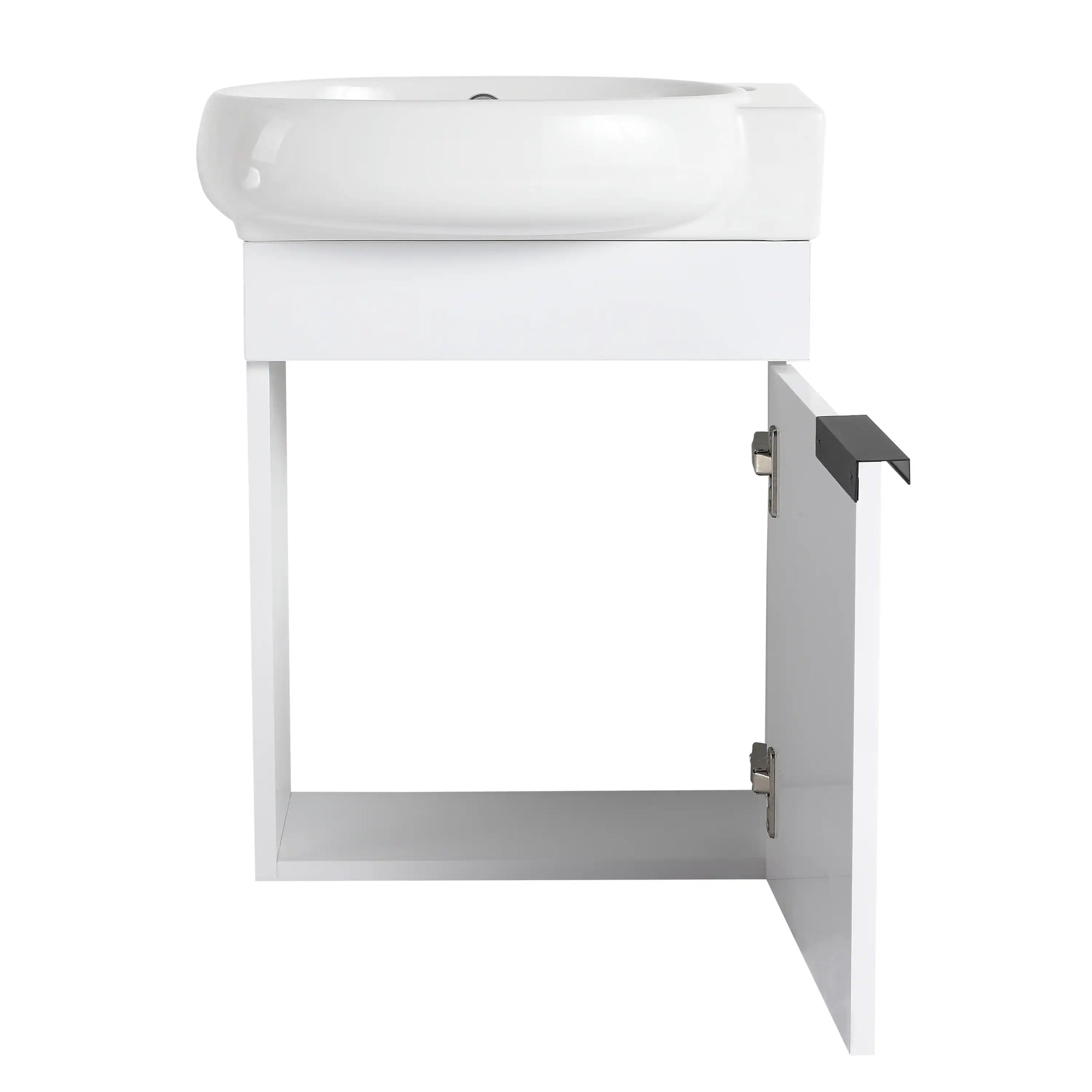 16" white vanity with open cabinet door and ceramic sink