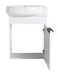 16" white vanity with open cabinet door and ceramic sink