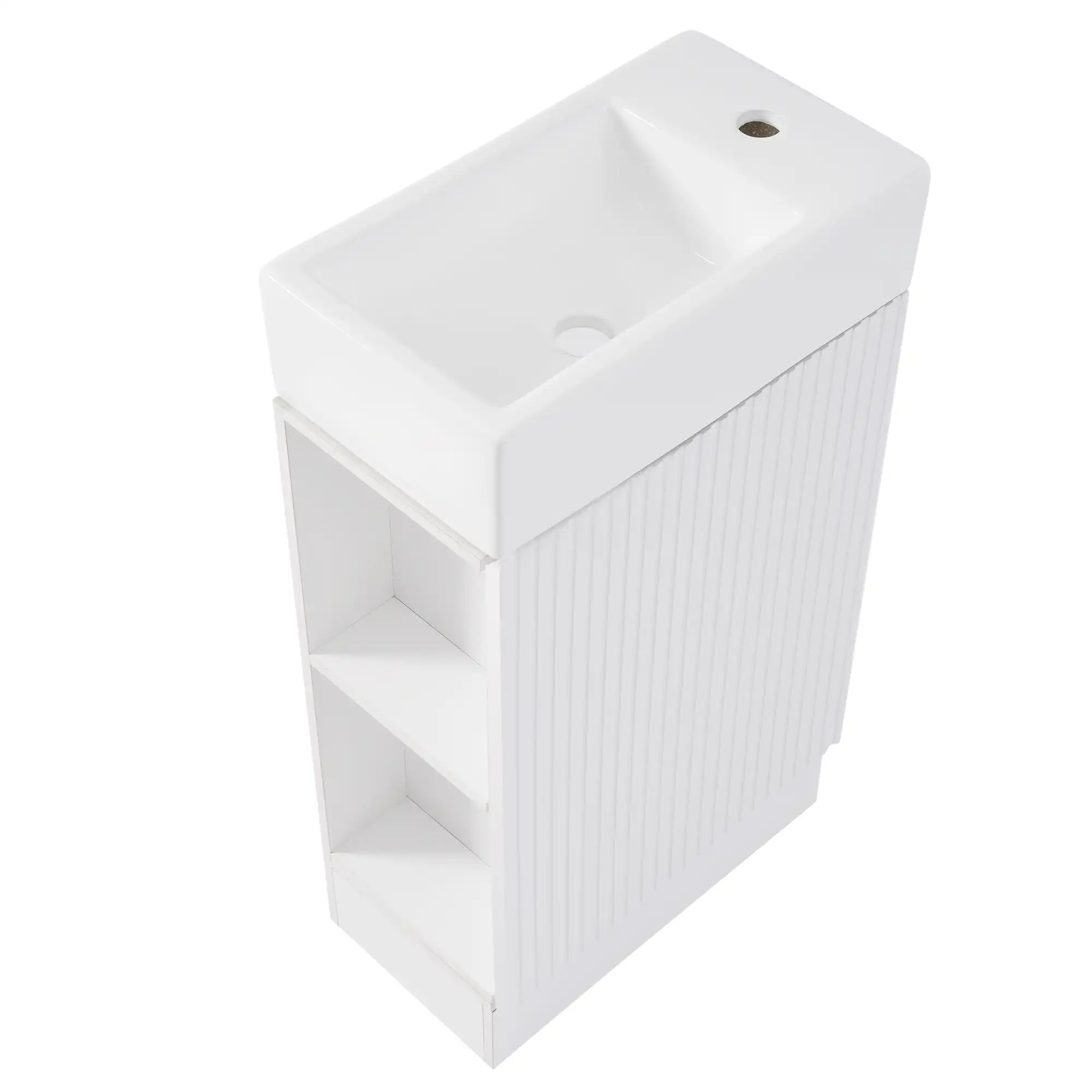 18.6" tiny vanity bathroom cabinet with side shelf, top angled view | Ace Decor