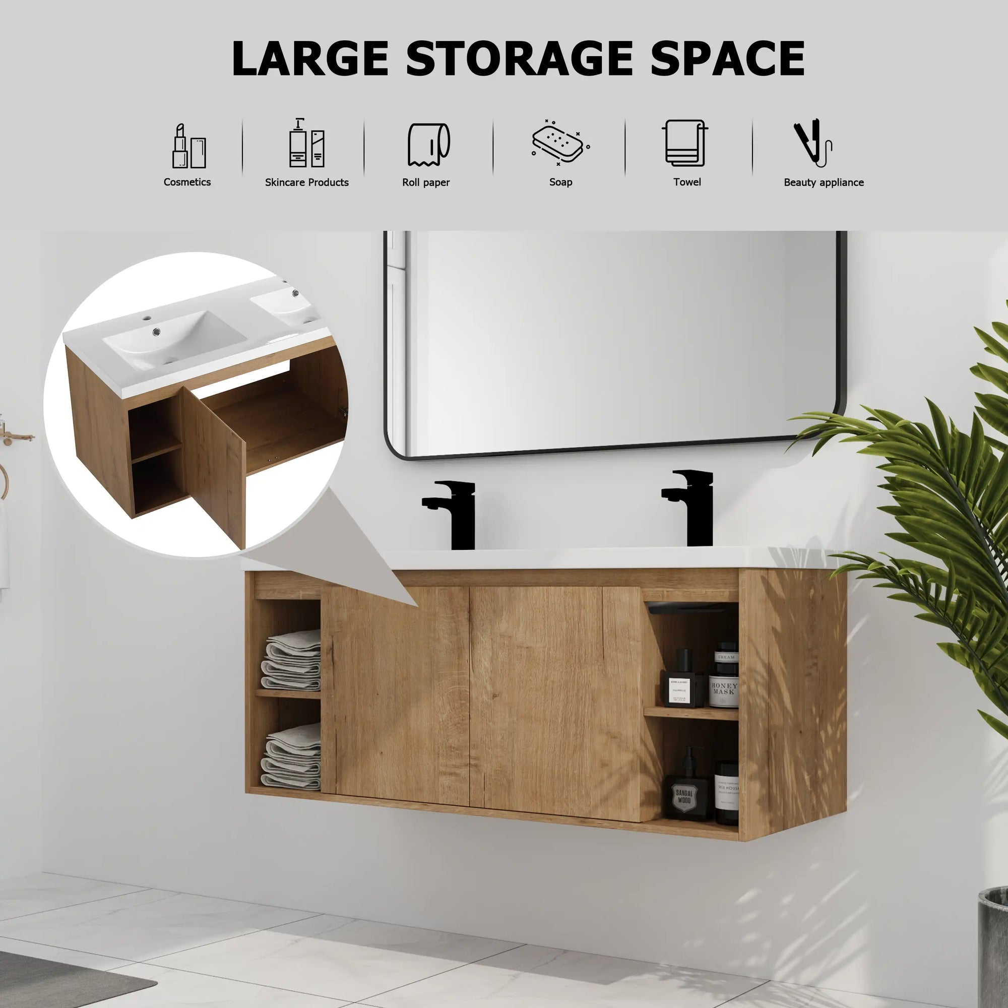 Large storage layout of 48 inch bathroom vanity wall mounted with side open shelves and cabinet doors | Ace Decor