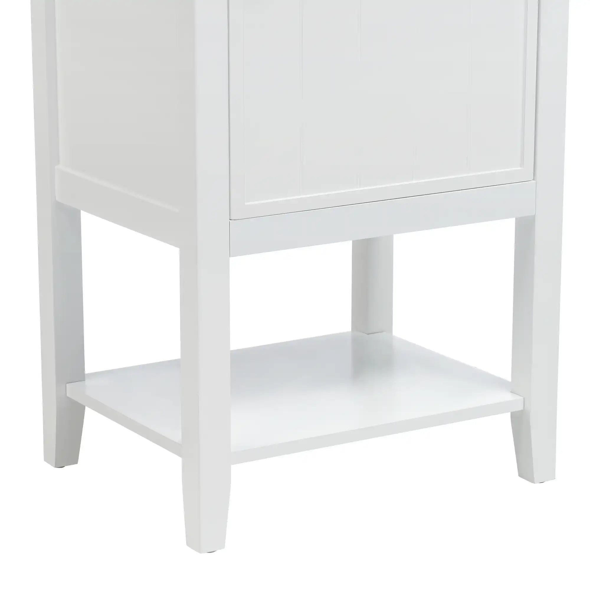 20" white bathroom vanity unit open shelf detail | Ace Decor