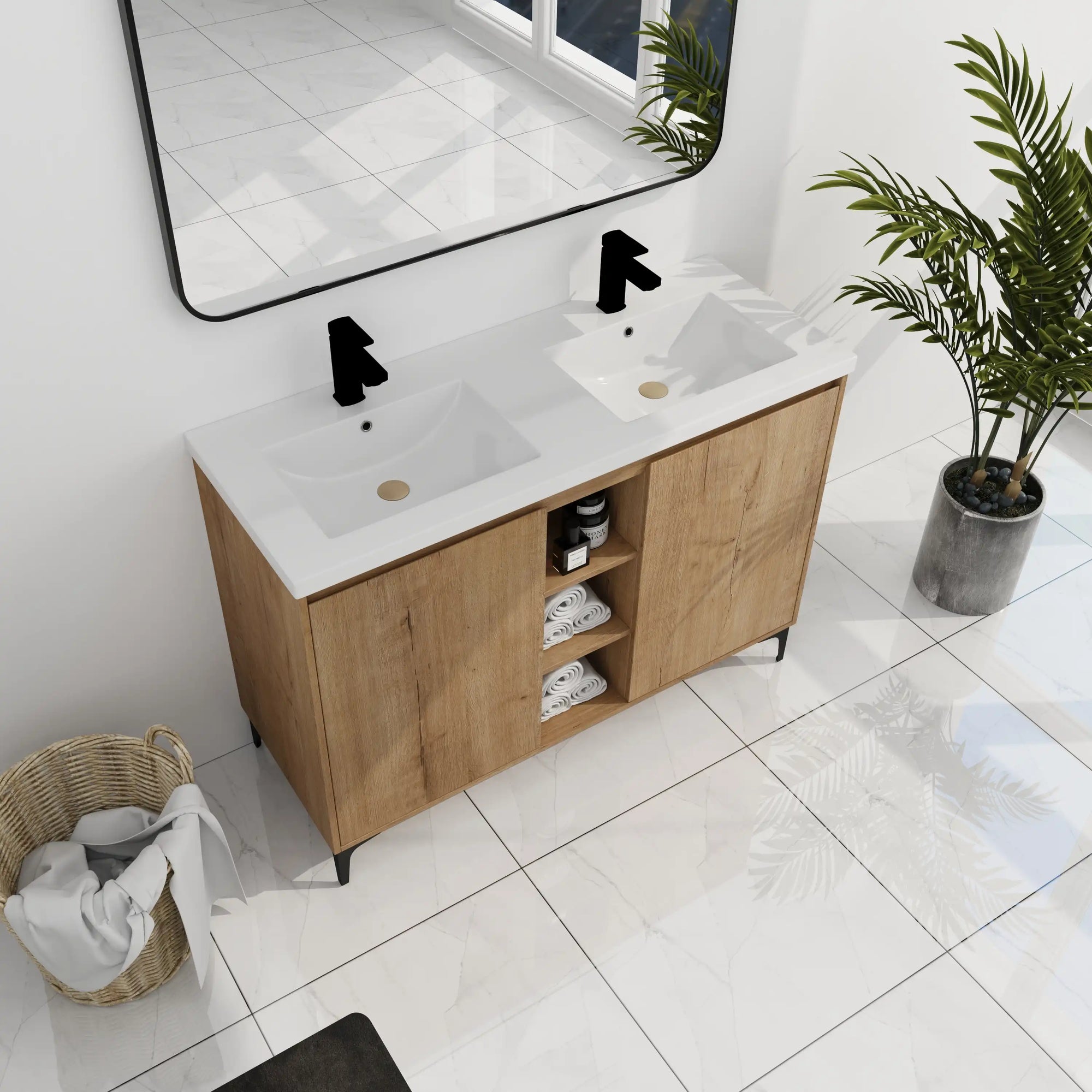 Top view of a 48 inch vanity for bathroom with double integrated sinks and clean white countertop | Ace Decor