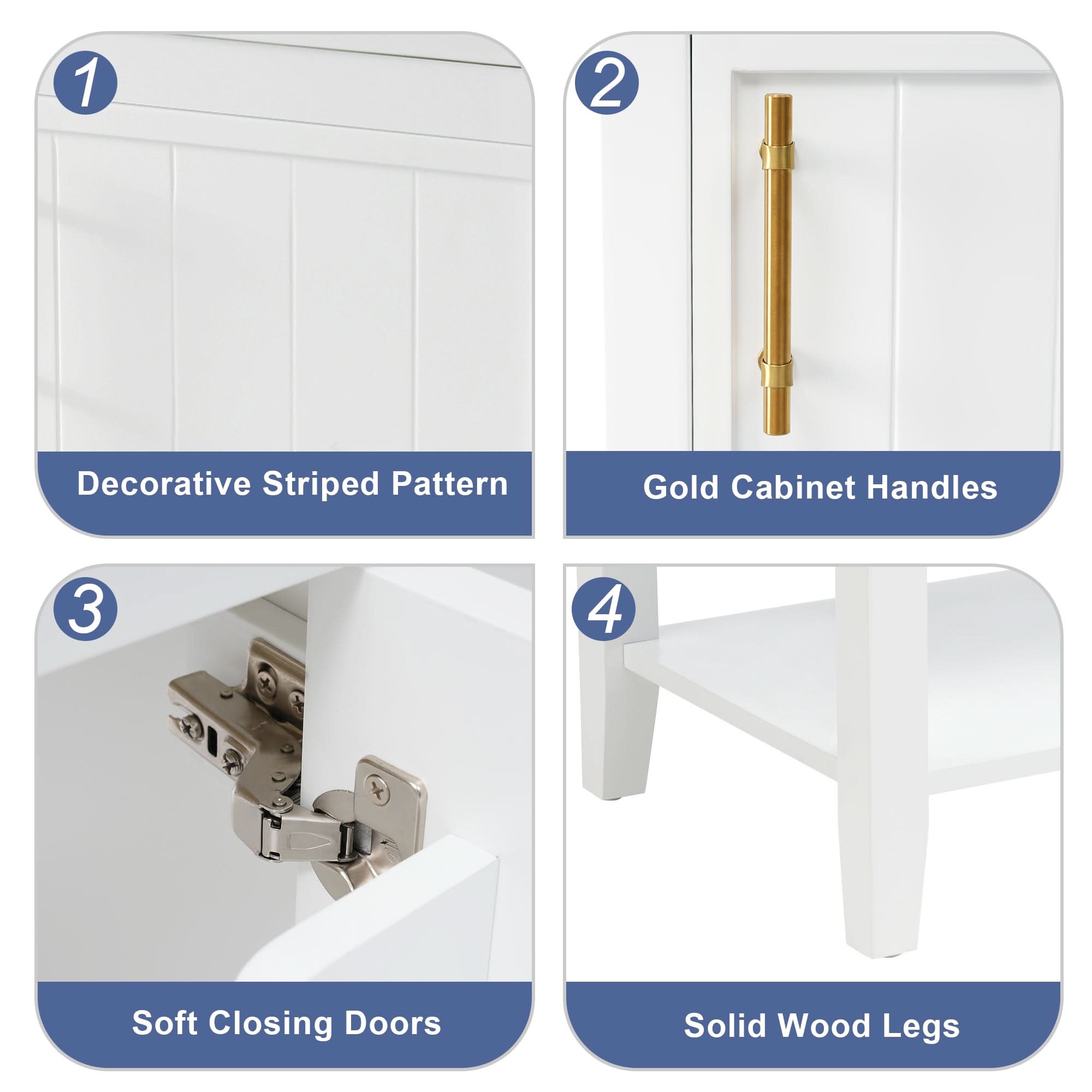 Mistford white bathroom vanity featuring striped pattern door, gold finish handle, soft close hinge and solid wood legs.
