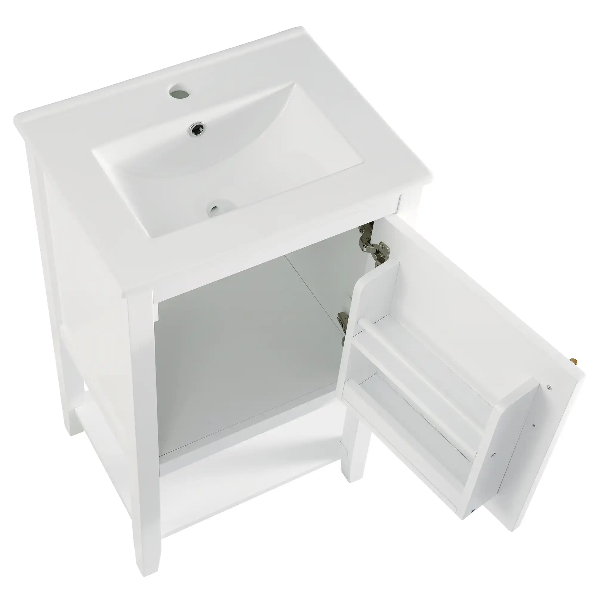 Mistford Series 20-inch classic white bathroom vanity with two tier door storage rack.