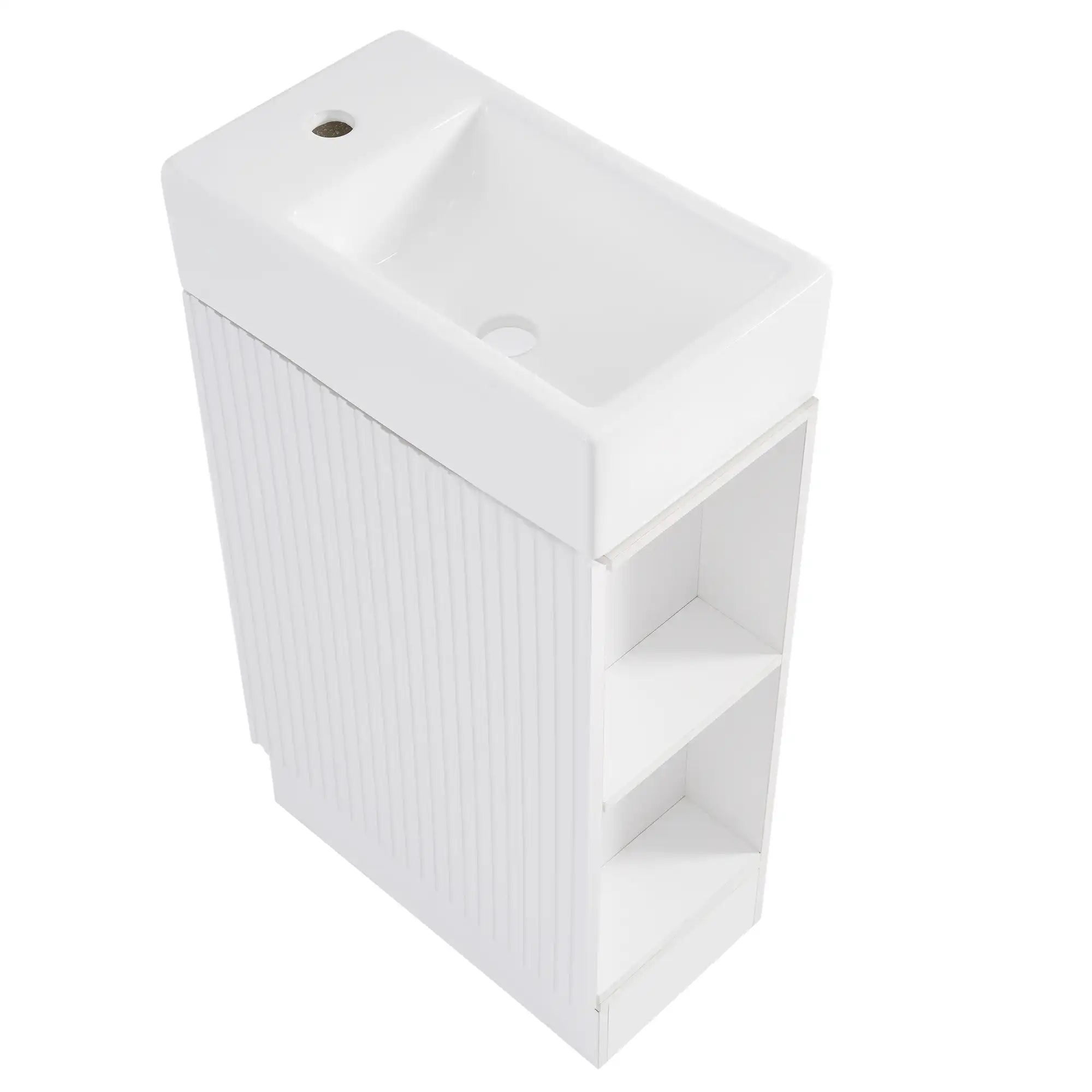18.6" tiny vanity bathroom cabinet with sink and side shelf, angled view | Ace Decor