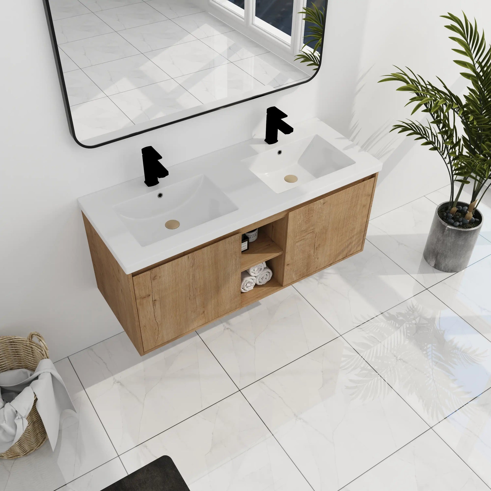 Wall mounted bathroom vanity with sink 48 inch featuring dual integrated sinks and practical center shelf in a bright bathroom setting | Ace Decor