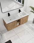 Wall mounted bathroom vanity with sink 48 inch featuring dual integrated sinks and practical center shelf in a bright bathroom setting | Ace Decor
