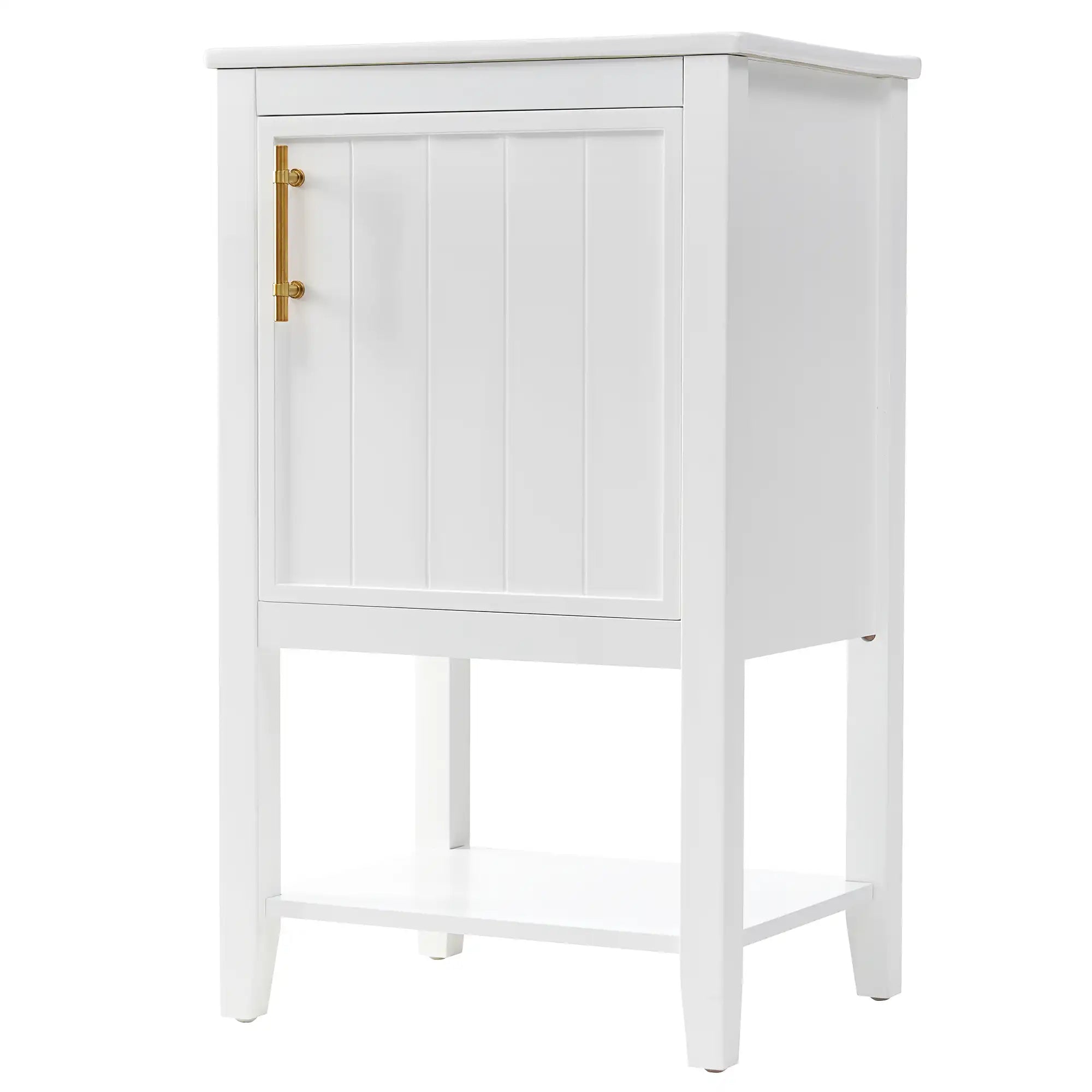 20" white bathroom freestanding vanity front angled view showing gold handle and bottom shelf.