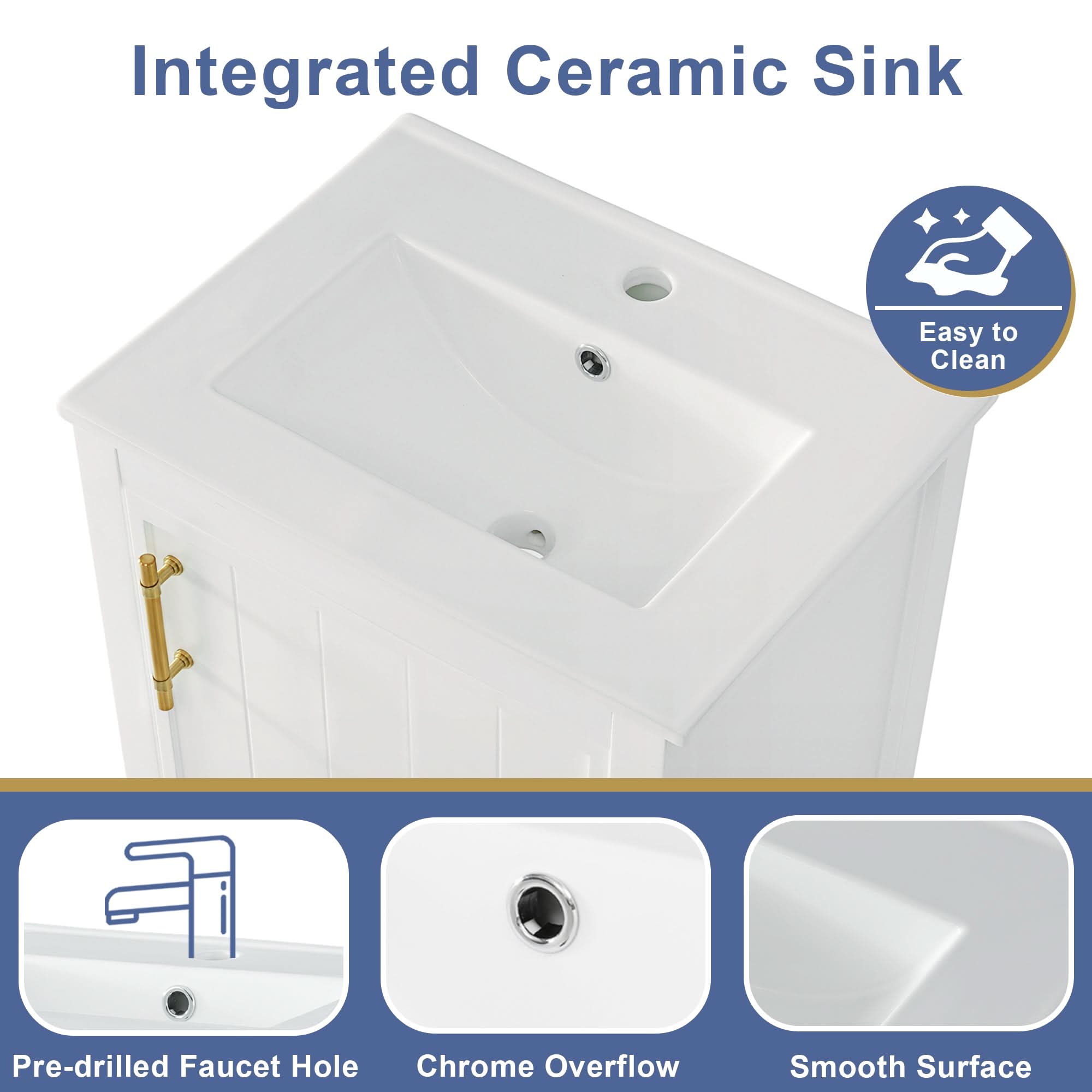Mistford 20 inch white vanity with smooth ceramic sink featuring pre-drilled faucet hole and chrome overflow.