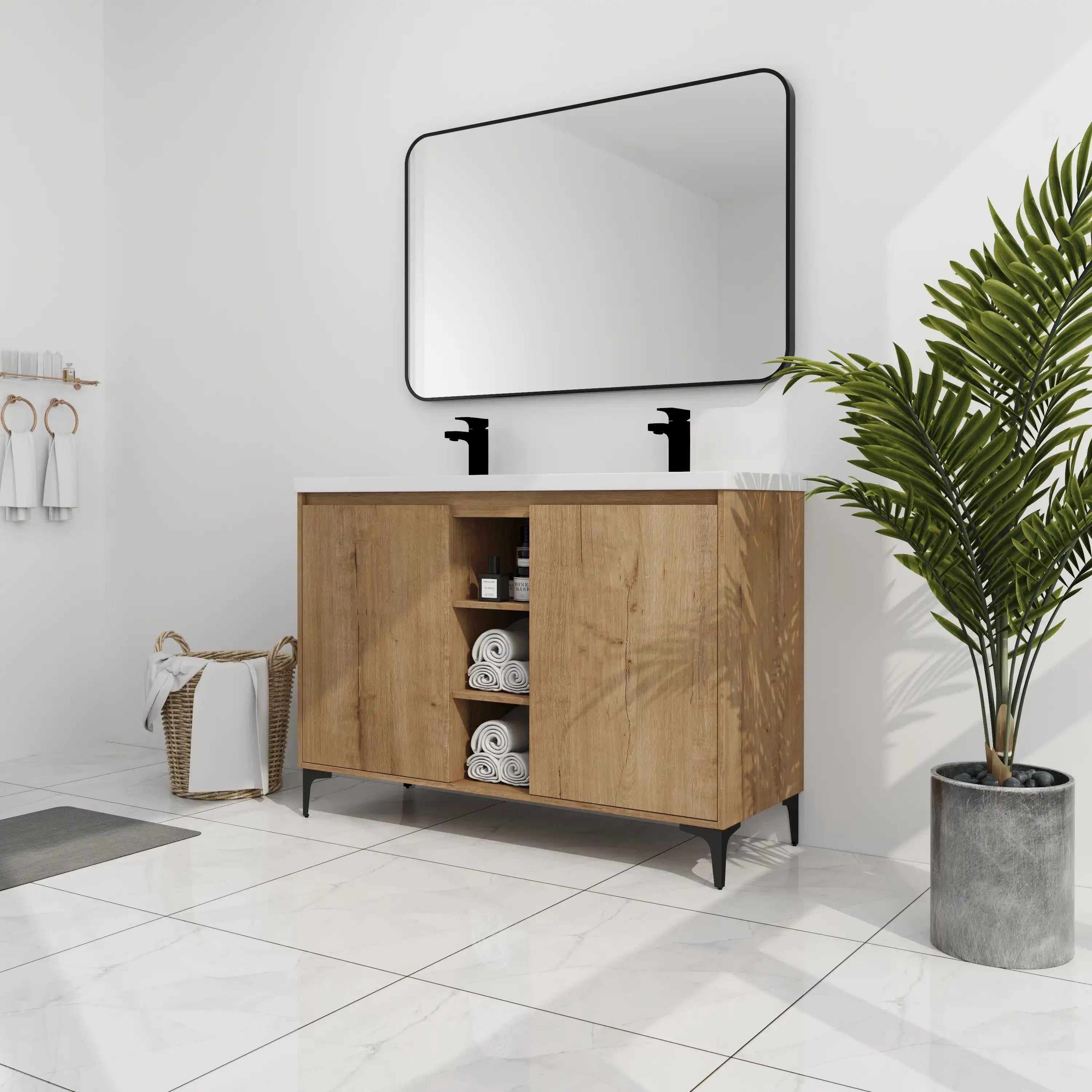 Oakridge 48 inch vanity displayed in a modern bathroom setting, featuring natural wood finish and center open storage.