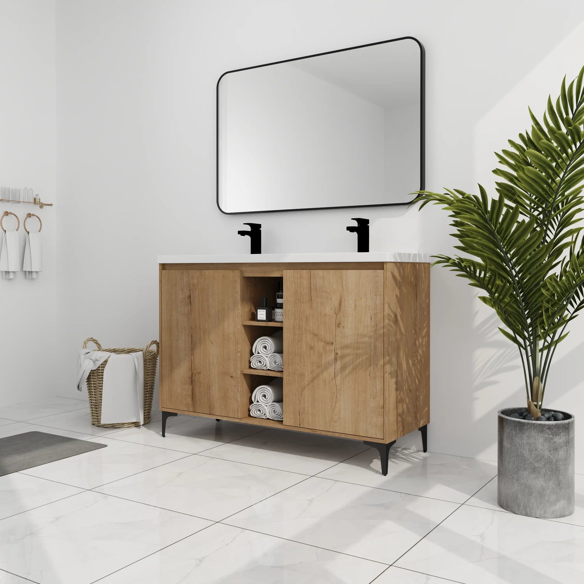 48 inch vanity for bathroom displayed in a modern bathroom setting, featuring natural wood finish and center open storage | Ace Decor