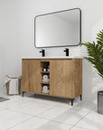 48 inch vanity for bathroom displayed in a modern bathroom setting, featuring natural wood finish and center open storage | Ace Decor