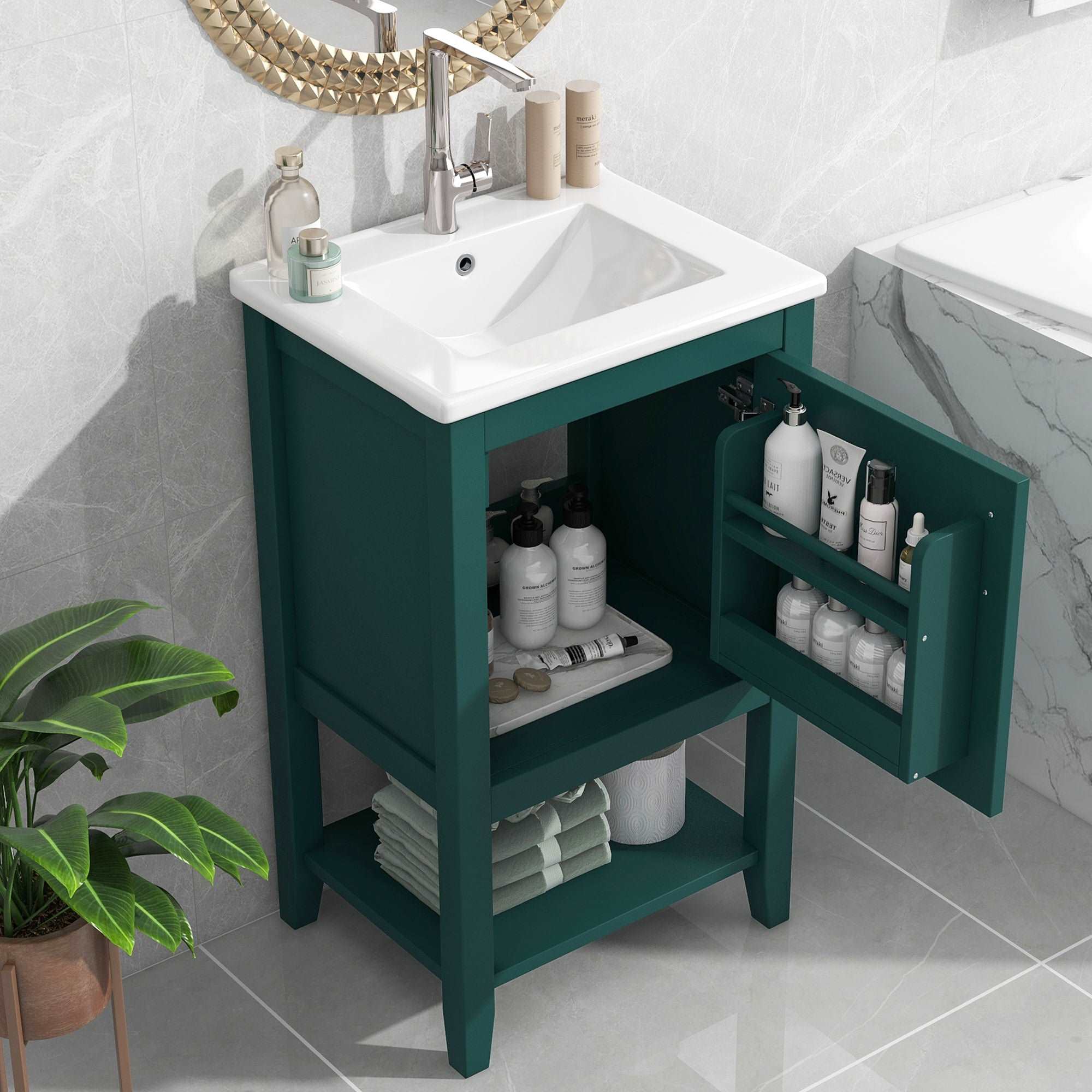 bathroom vanity cabinet open shelf color:green