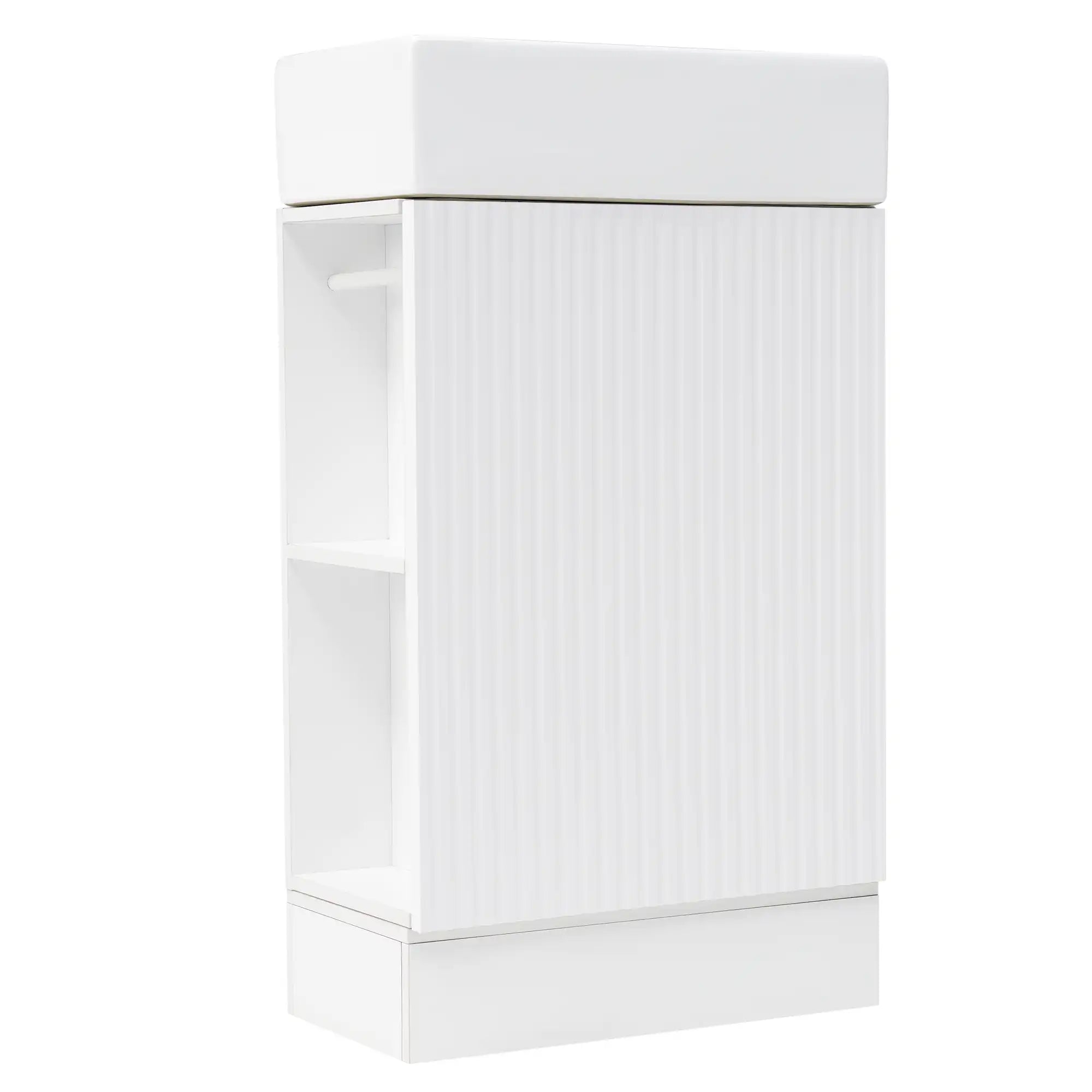 18.6" tiny vanity bathroom cabinet with side shelf, rear angled view | Ace Decor