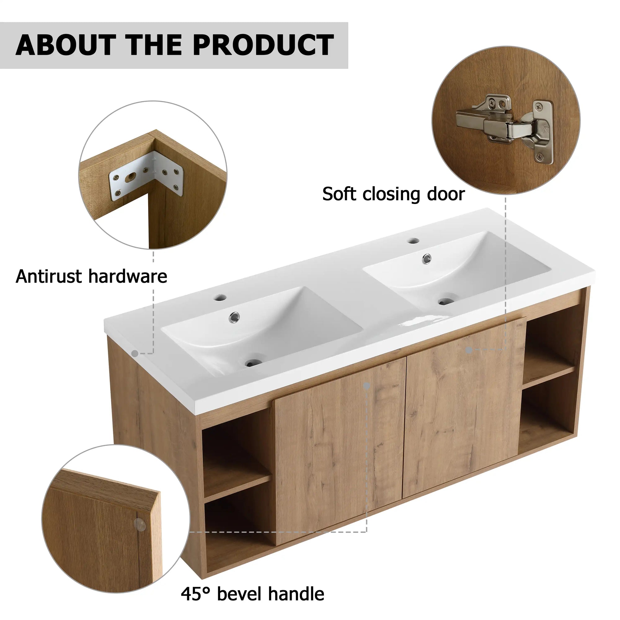 Product details of 48 inch bathroom vanity wall mounted showing soft-close doors, hardware, and beveled handles | Ace Decor