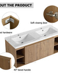 Product details of 48 inch bathroom vanity wall mounted showing soft-close doors, hardware, and beveled handles | Ace Decor