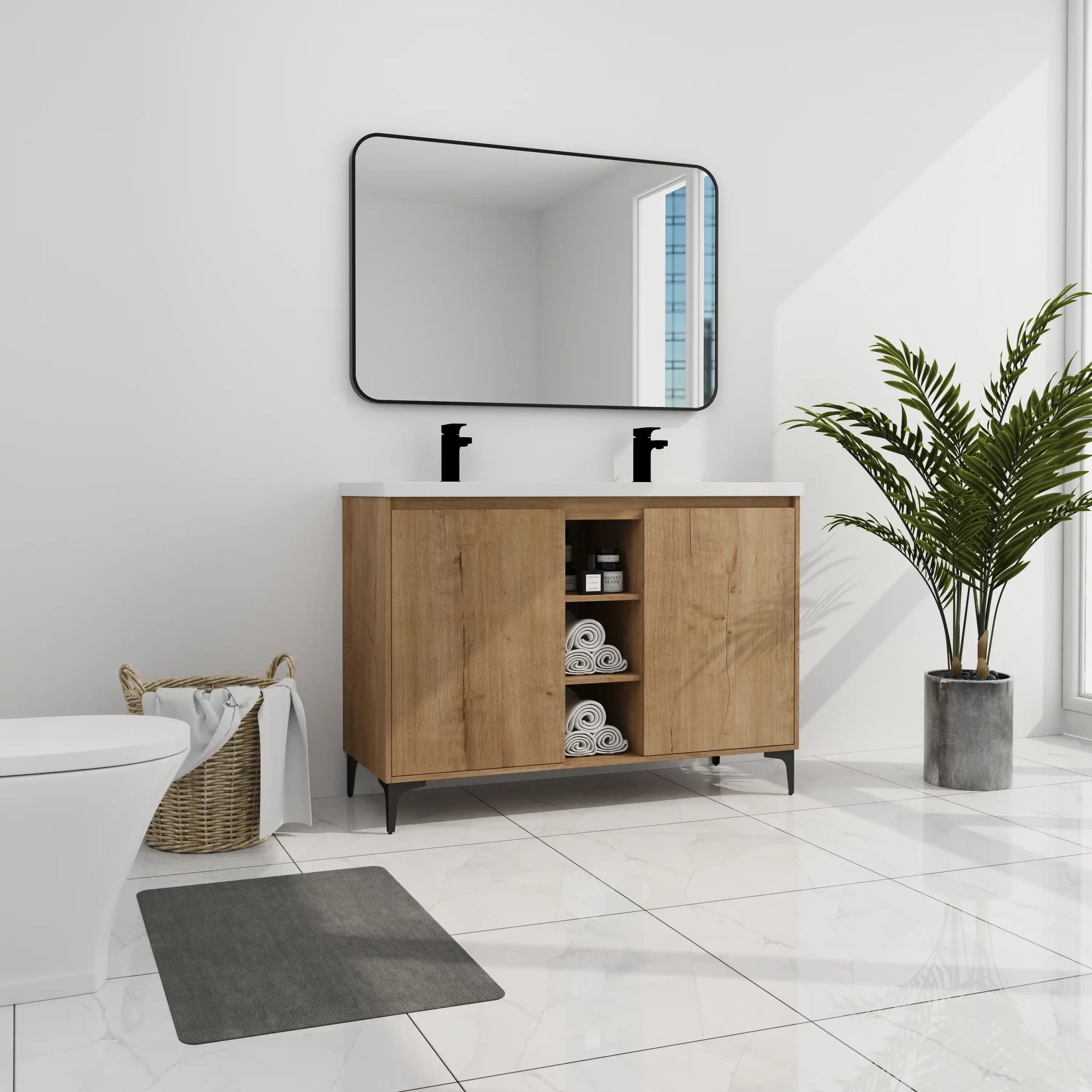 48 inch vanity for bathroom shown in a modern bathroom setting with natural wood finish and clean white countertop | Ace Decor