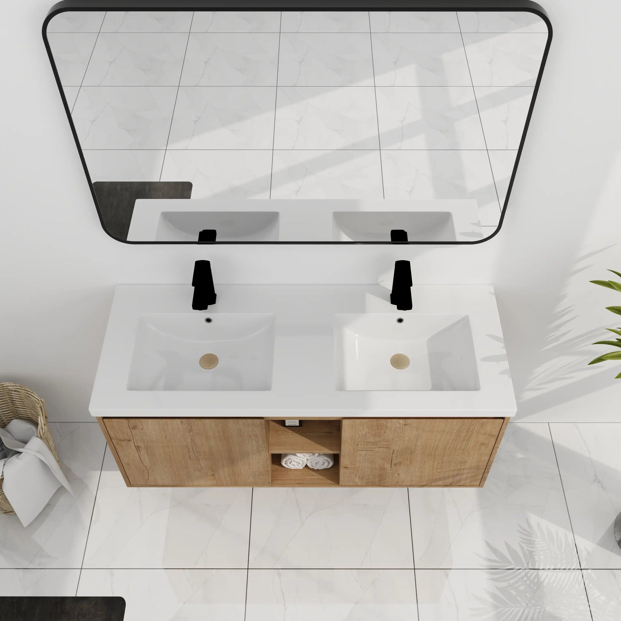 48 inch wall mounted bathroom vanity with sink top view highlighting double sinks and compact center open storage | Ace Decor