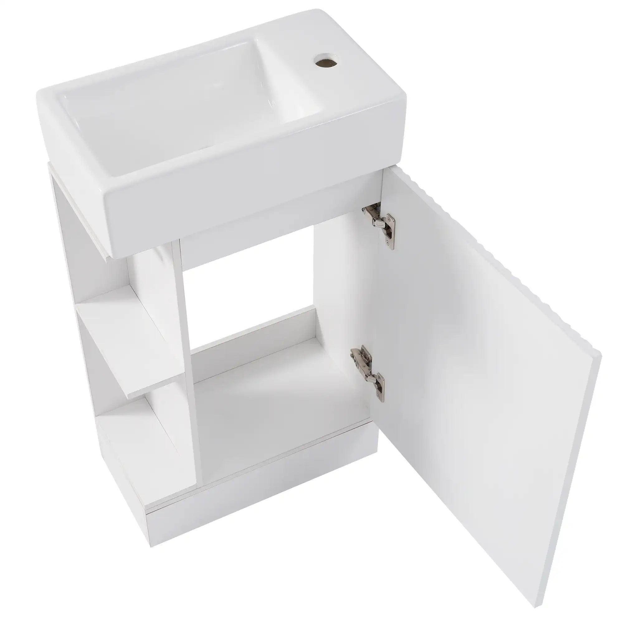 18.6" tiny vanity bathroom cabinet with open door storage, top view | Ace Decor
