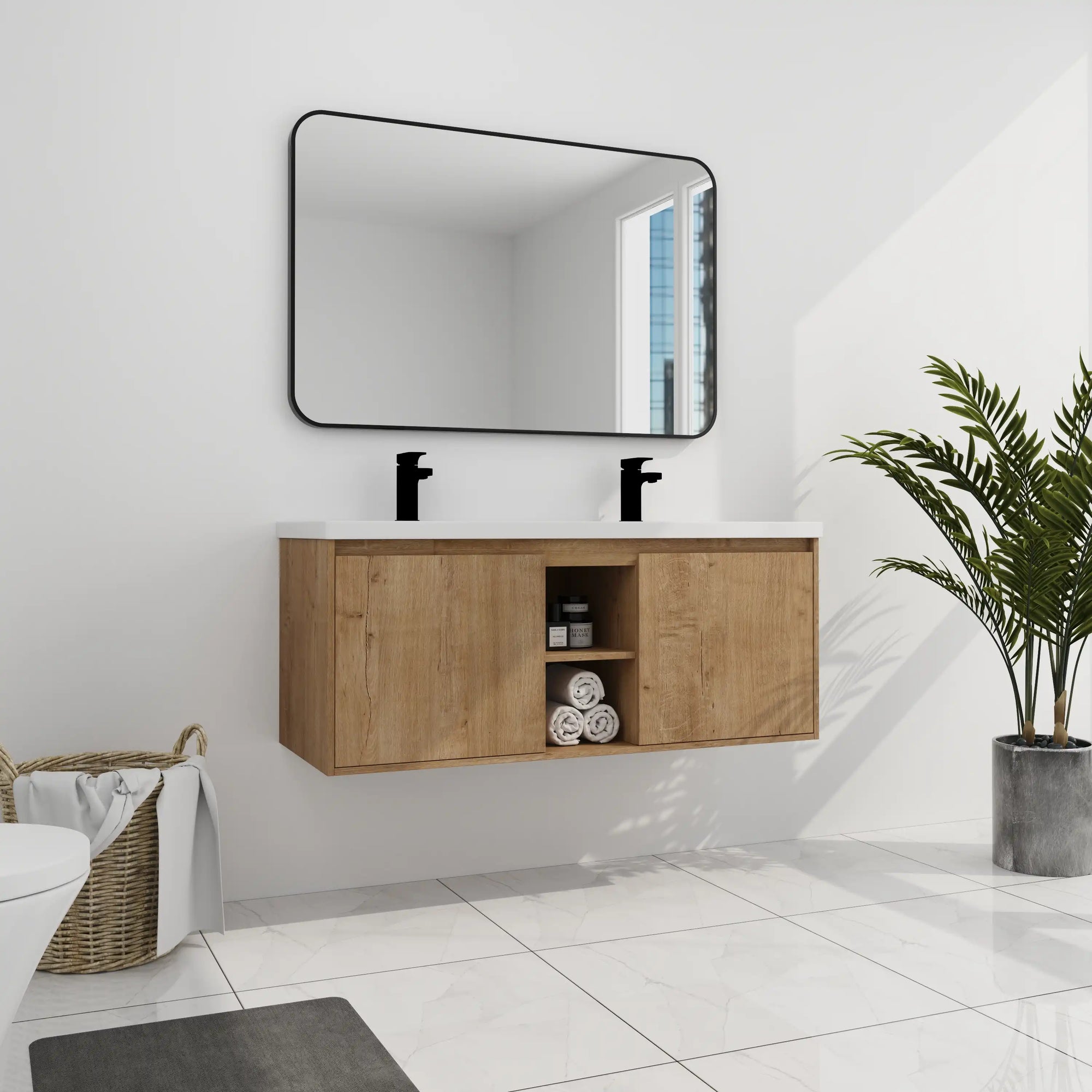 Wall mounted bathroom vanity with sink 48 inch styled in a modern bathroom showing floating installation and natural wood finish | Ace Decor