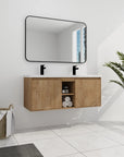 Wall mounted bathroom vanity with sink 48 inch styled in a modern bathroom showing floating installation and natural wood finish | Ace Decor