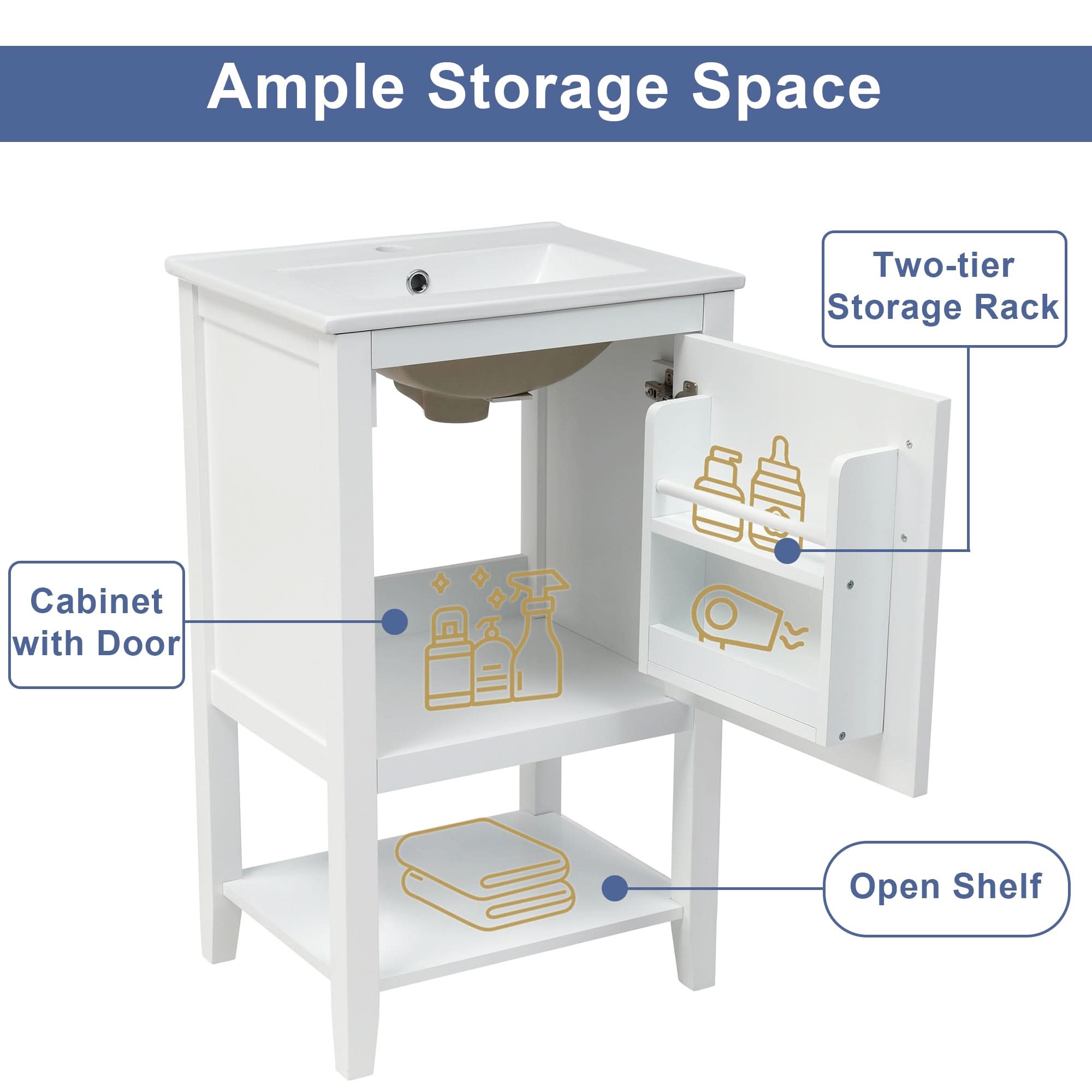 Mistford 20 inch classic white bathroom vanity with cabinet, door rack, and bottom shelf.