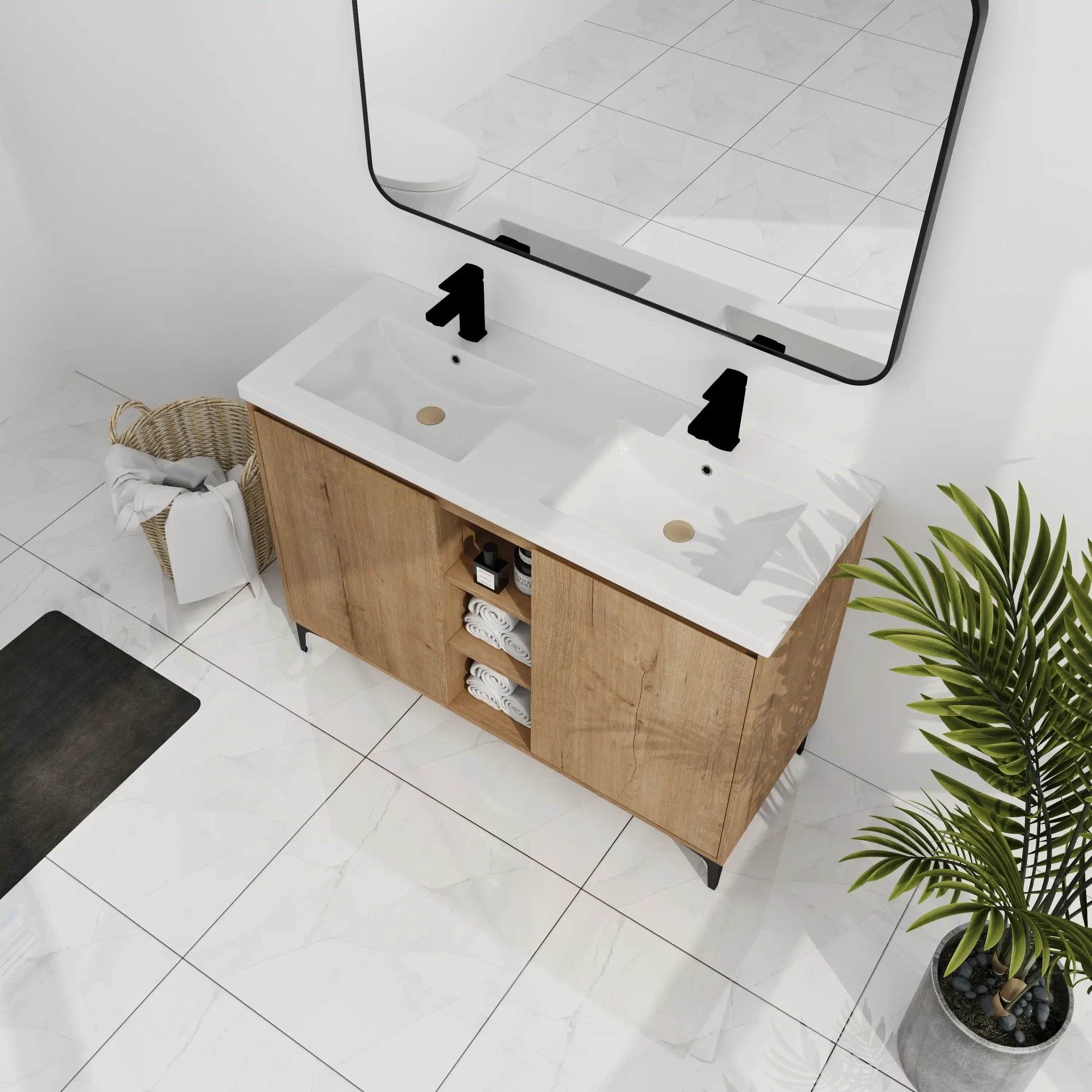 Angled top view of a 48 inch vanity for bathroom featuring dual sinks and accessible center open shelving | Ace Decor