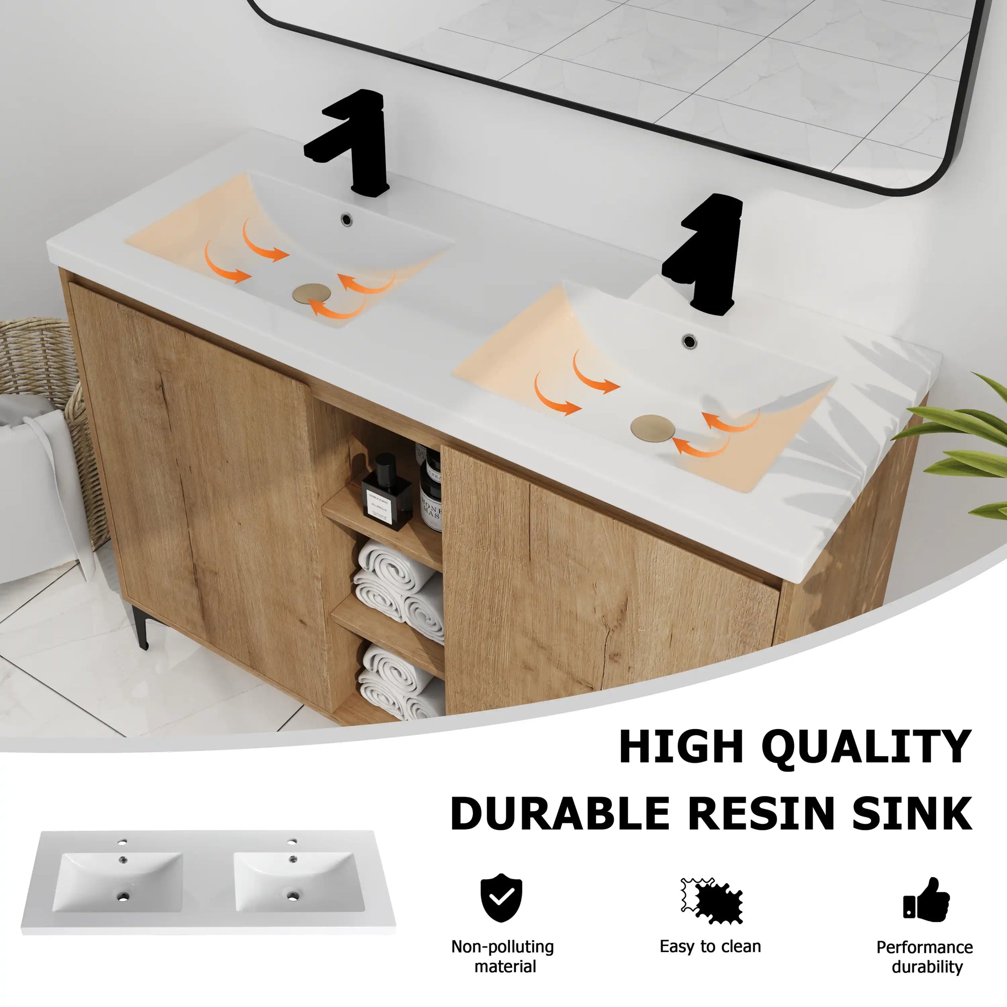 Detail view of a 48 inch vanity for bathroom highlighting high-quality durable resin sinks designed for easy cleaning | Ace Decor