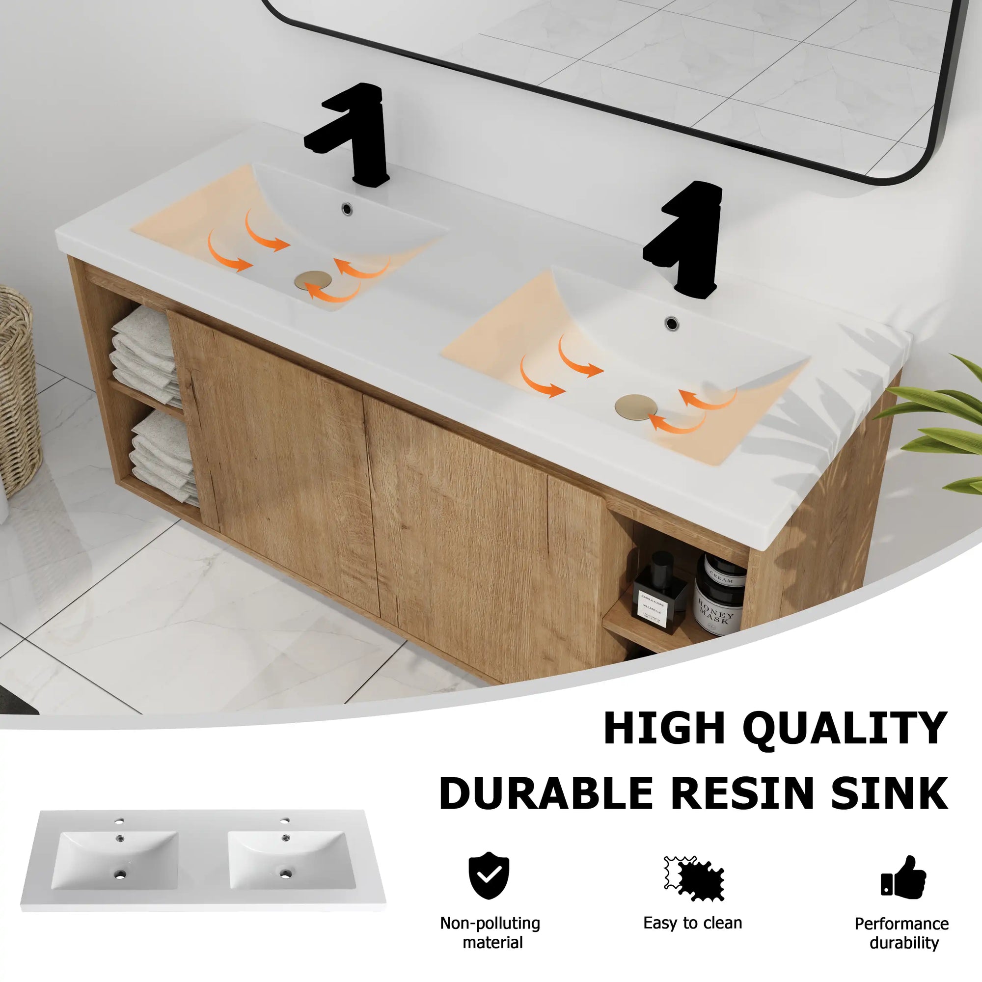 48 inch bathroom vanity wall mounted with durable resin sinks, smooth drainage design and easy-clean surface | Ace Decor