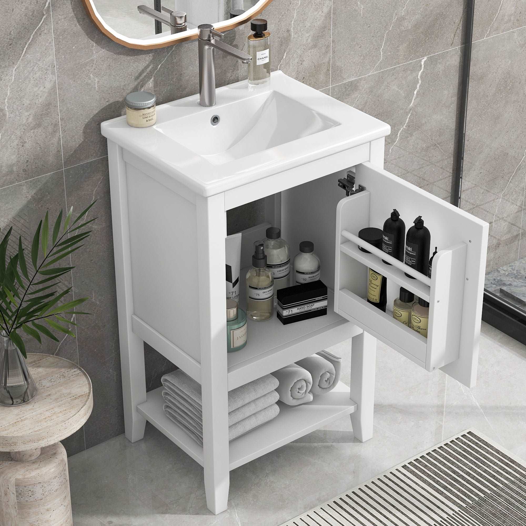 bathroom vanity cabinet open shelf color:white