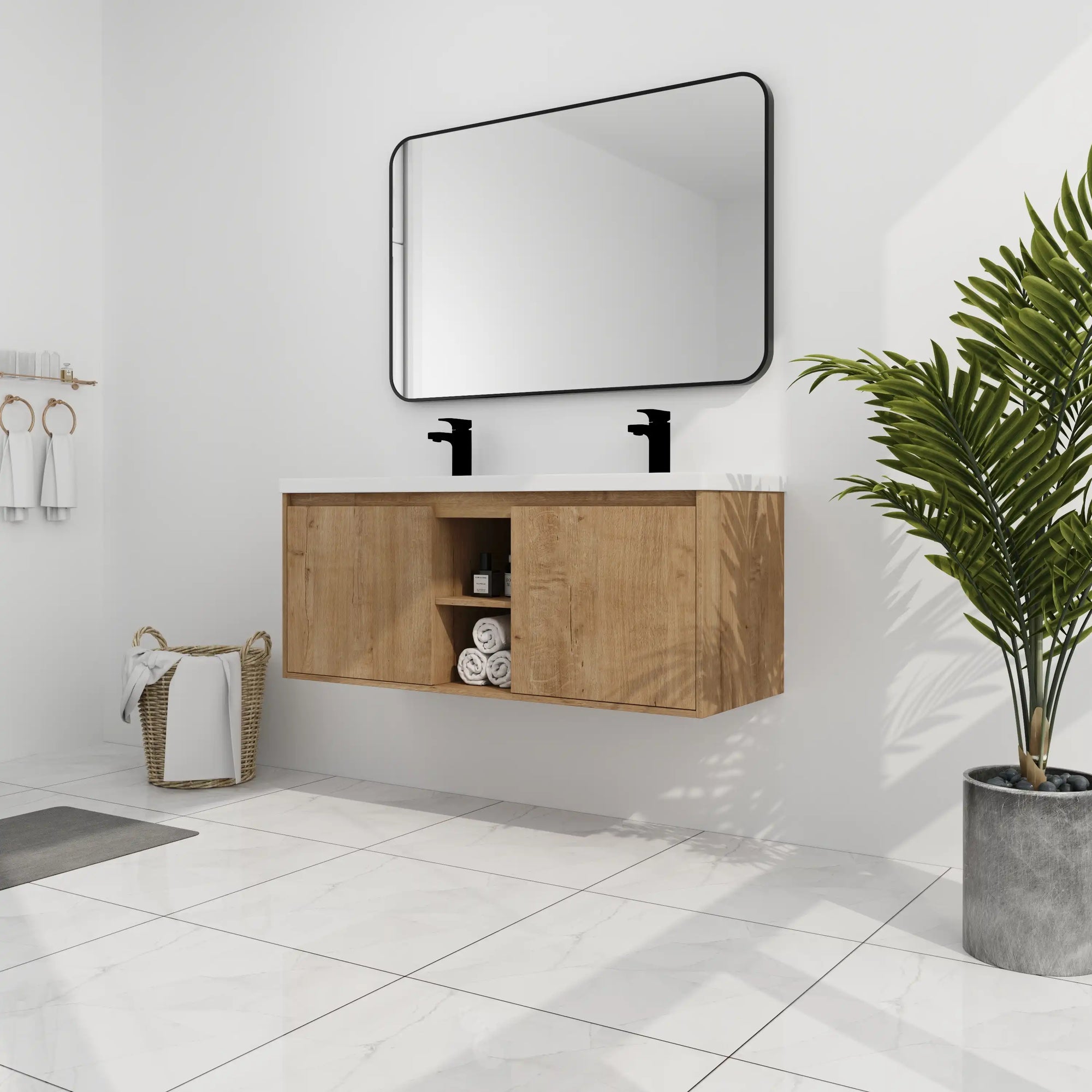 48 inch wall mounted bathroom vanity with sink installed in modern bathroom with center open storage and clean floating look | Ace Decor