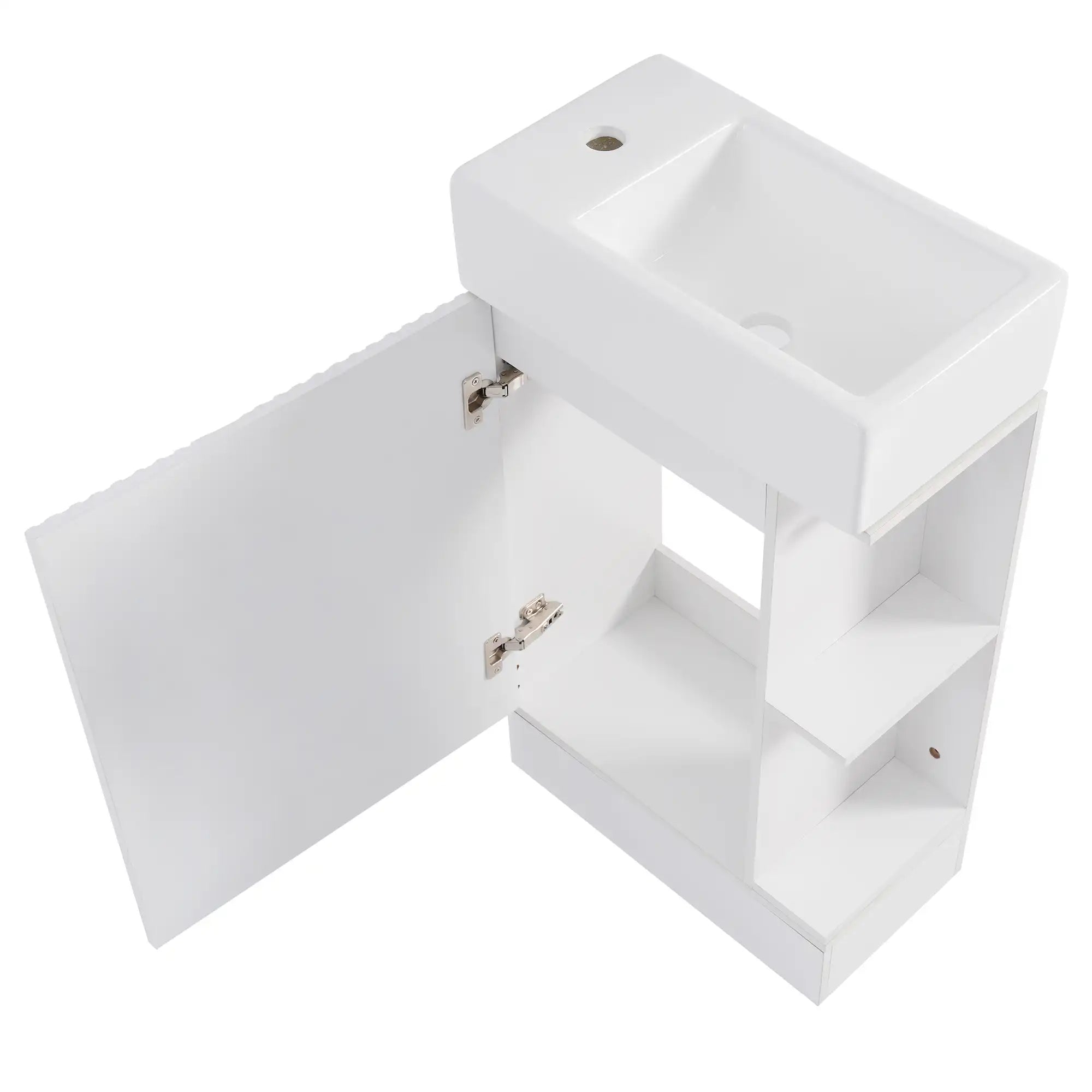 18.6" tiny vanity bathroom cabinet with open door and side shelves | Ace Decor