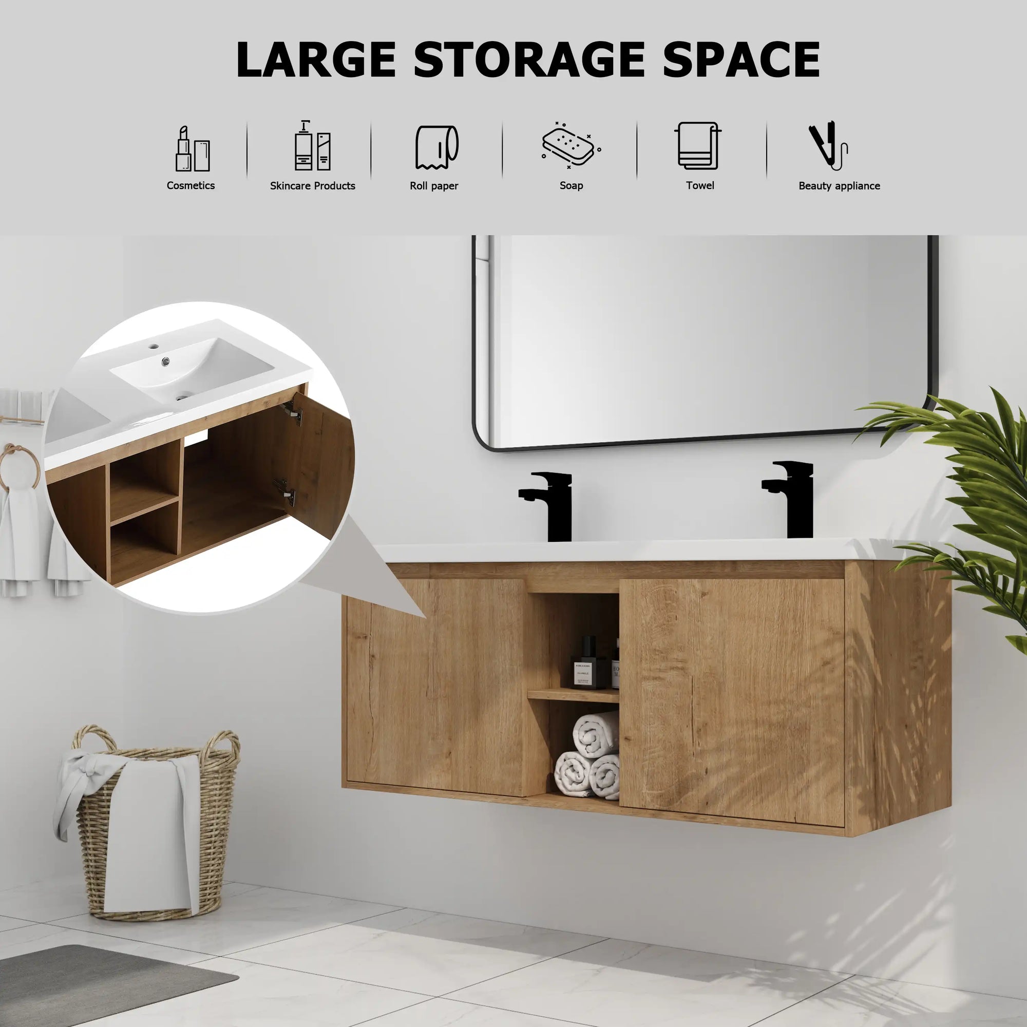 Top view of 48 inch wall mounted bathroom vanity with sink showing dual integrated sinks and spacious countertop | Ace Decor