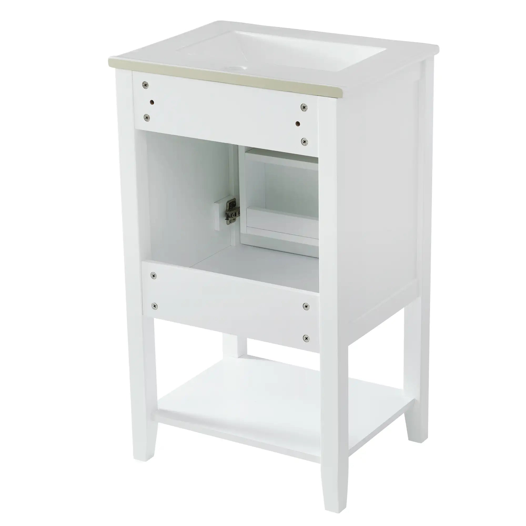 20" white bathroom vanity unit back view with open shelf | Ace Decor