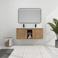 48 inch wall mounted bathroom vanity with sink installed in modern bathroom with mirror and open center storage | Ace Decor