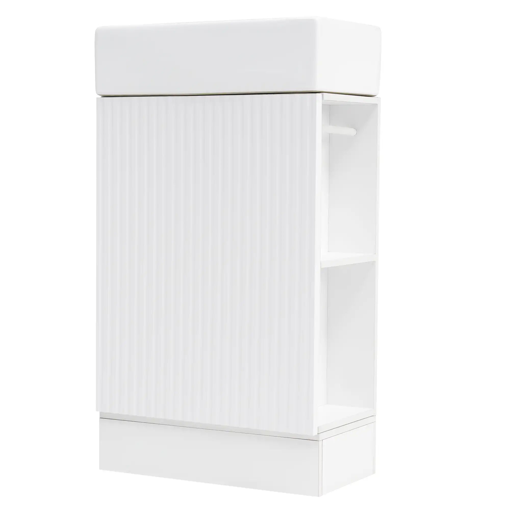 18.6" tiny vanity bathroom cabinet with side shelf, rear angled view | Ace Decor