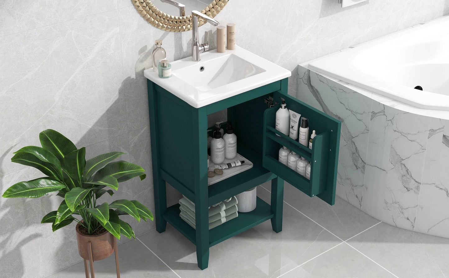 bathroom vanity cabinet open shelf color:green