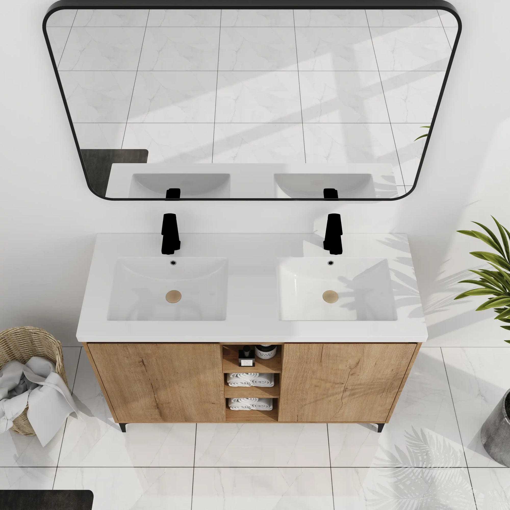 Top-down view of a 48 inch vanity for bathroom with double integrated resin sinks and center open storage | Ace Decor